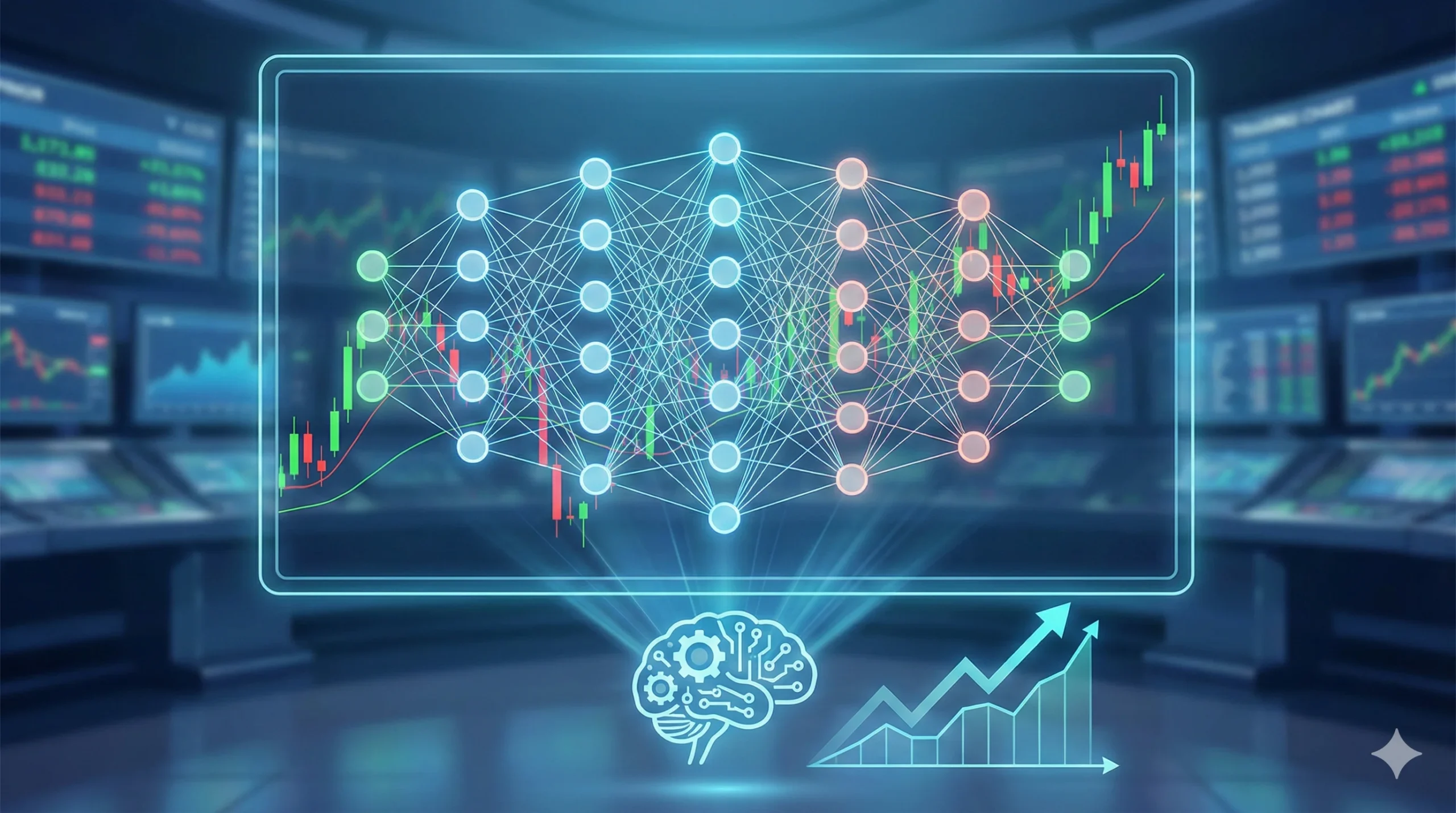 A futuristic digital illustration visualizing a convolutional neural network stock market prediction model, where a glowing network diagram overlays financial candlestick charts and an upward trend graph.