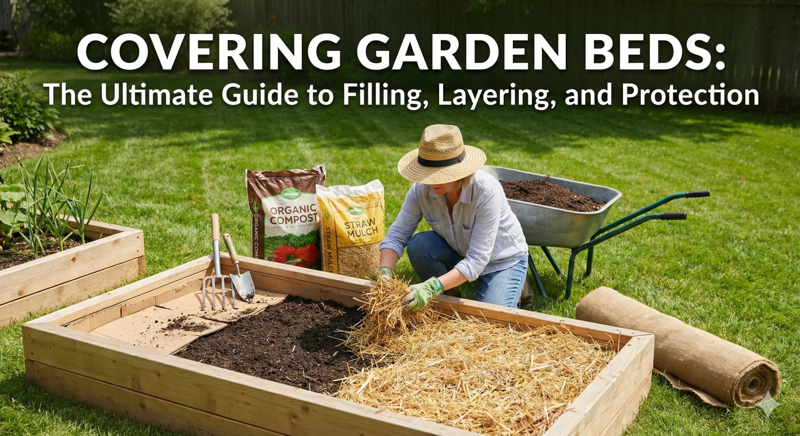 A woman wearing a straw hat and gloves is kneeling beside a raised wooden planter, actively covering garden beds with straw mulch over layers of cardboard and soil.