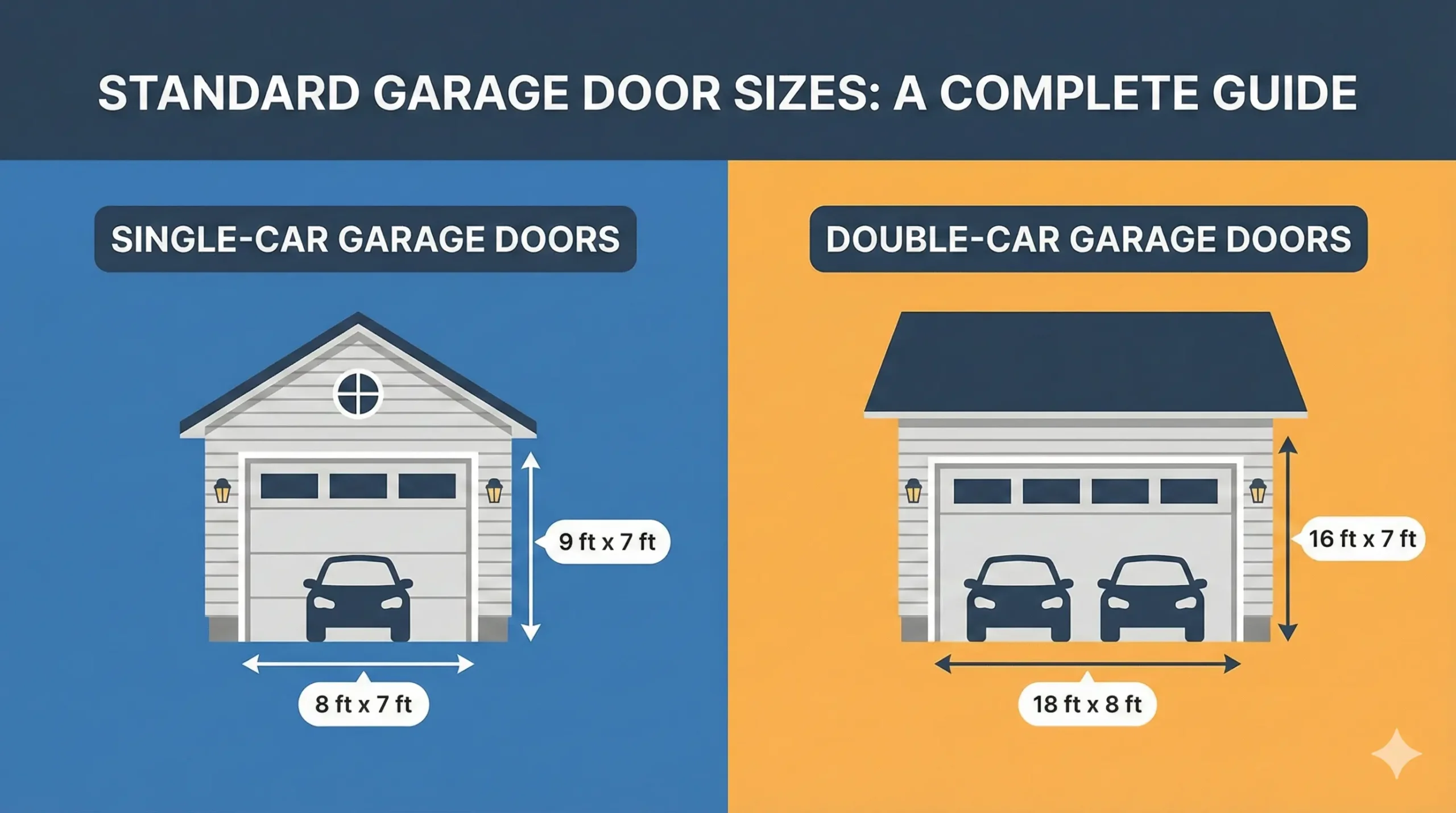 An infographic titled "STANDARD GARAGE DOOR SIZES: A COMPLETE GUIDE" showing illustrations of single-car and double-car garages with typical garage door sizes like 8 ft x 7 ft, 9 ft x 7 ft, 16 ft x 7 ft, and 18 ft x 8 ft indicated.
