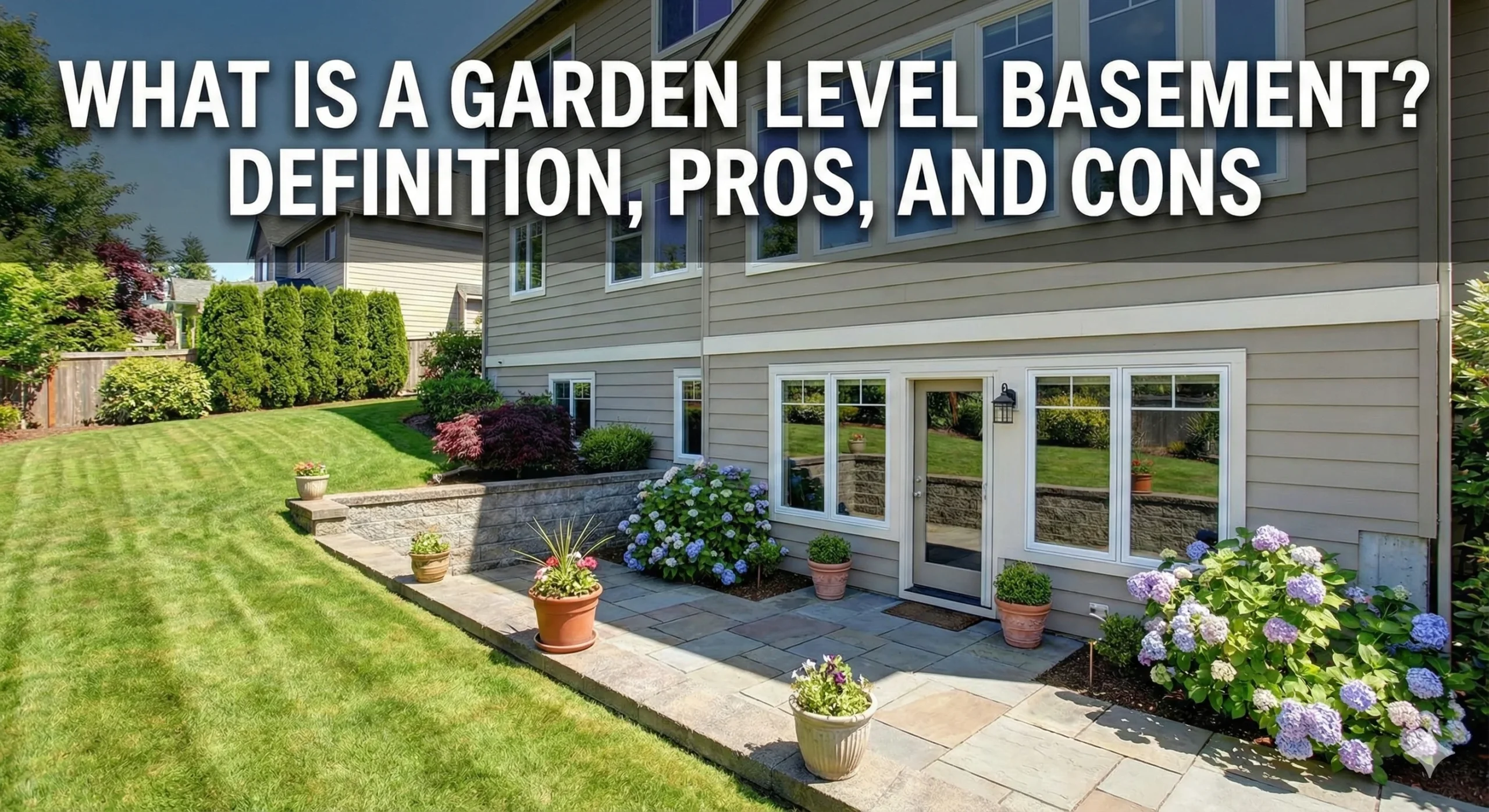 Exterior of a house showing a garden level basement with windows and a patio, illustrating the question: garden level basement what is it?