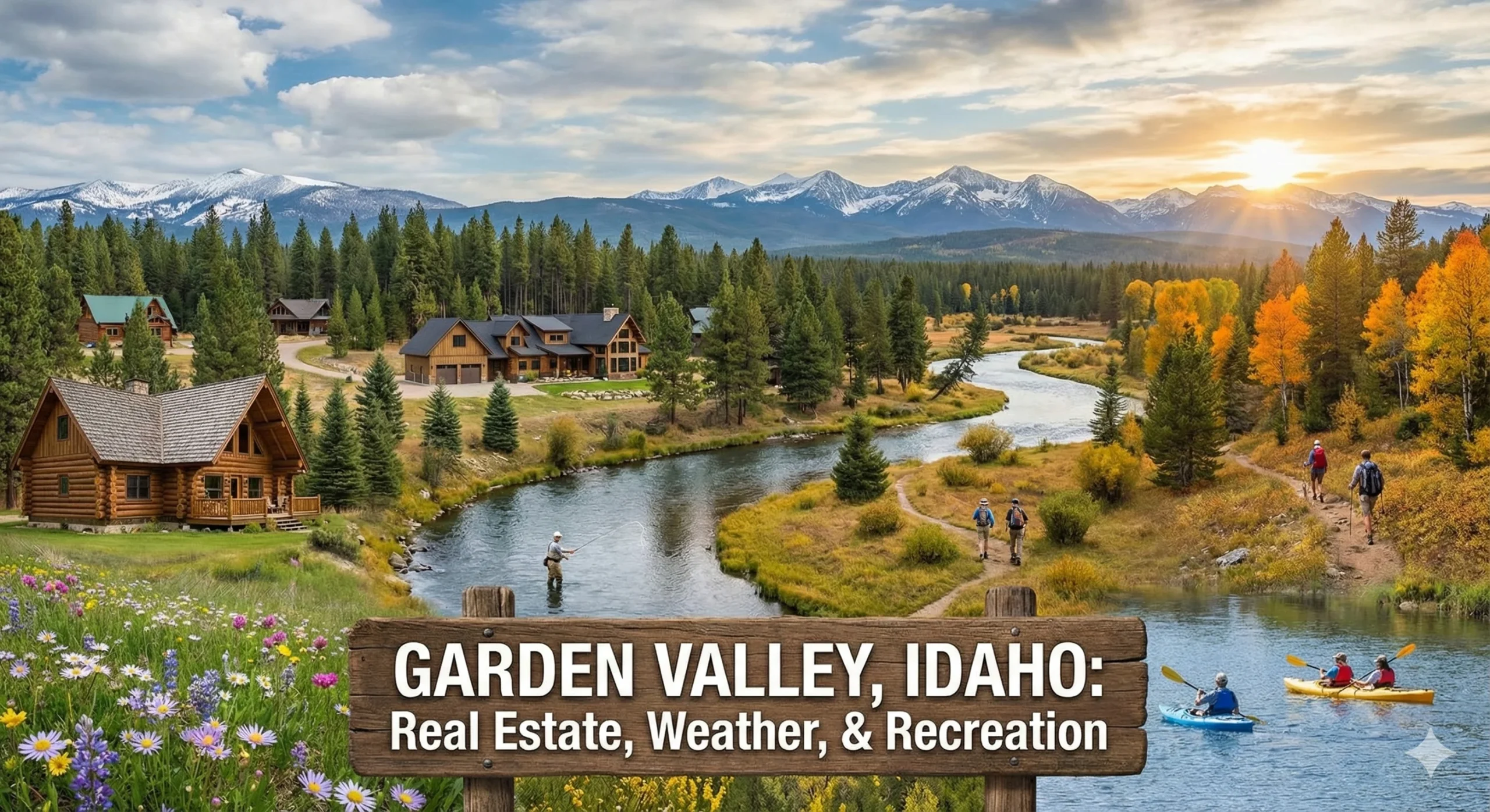 A scenic landscape photo with a wooden sign overlay that reads "GARDEN VALLEY, IDAHO: Real Estate, Weather, & Recreation," depicting the natural beauty and recreational activities of Garden Valley, Idaho.