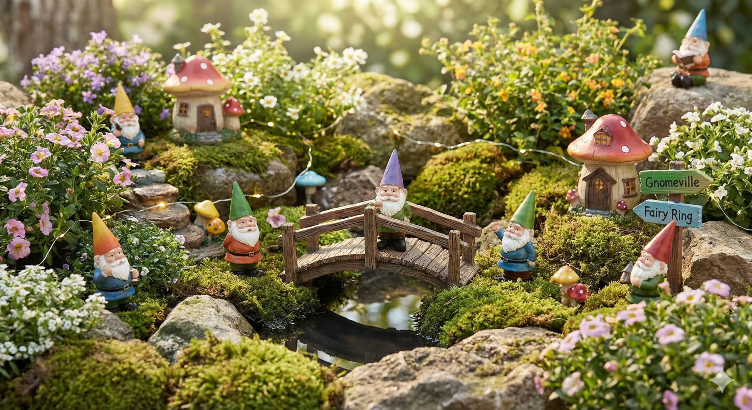 A whimsical gnome garden scene with miniature figurines, mushroom houses, a wooden bridge, and flowering plants.