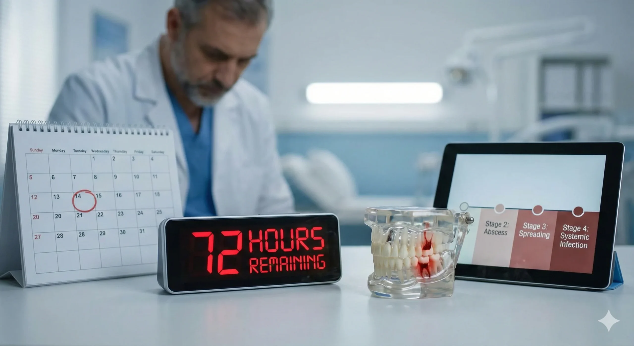 A doctor's desk containing a calendar with a marked date, a digital clock displaying "72 HOURS REMAINING," a model of a human jaw with an infected tooth, and a tablet showing a timeline of infection progression, all serving as visual aids to explore the question: how long until a tooth infection kills you.