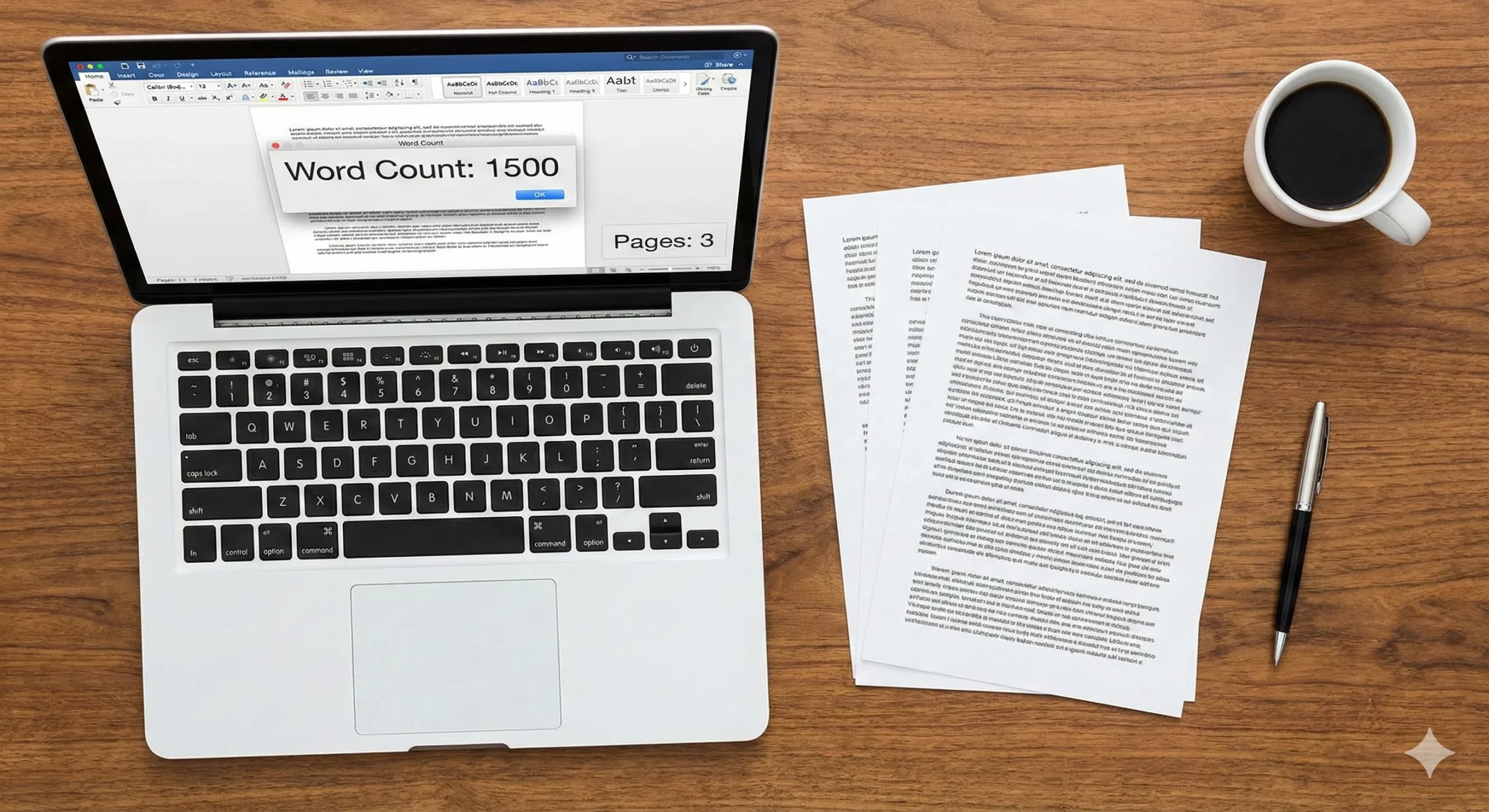 A top-down view of a laptop screen displaying "Word Count: 1500" and "Pages: 3" next to a stack of printed papers, visually answering the question: how many pages is 1500 words.