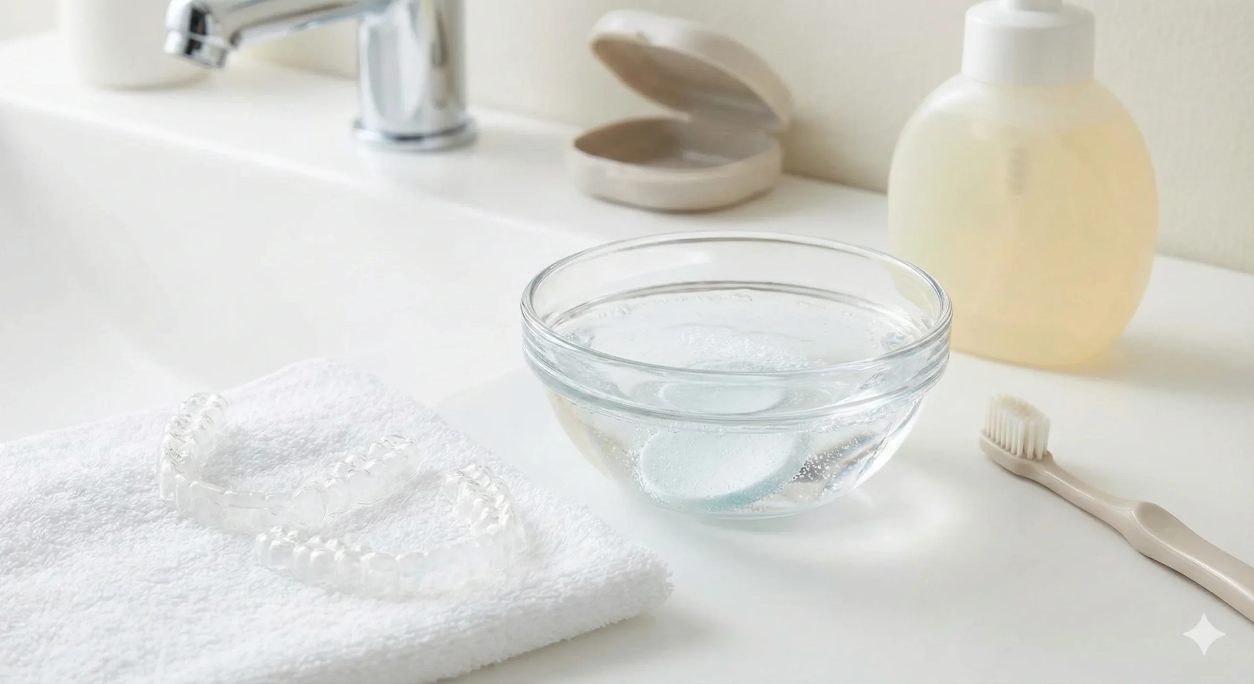 Clear plastic retainers resting on a towel next to a glass bowl with a soaking tablet and a toothbrush, demonstrating the steps of how to clean retainers properly.