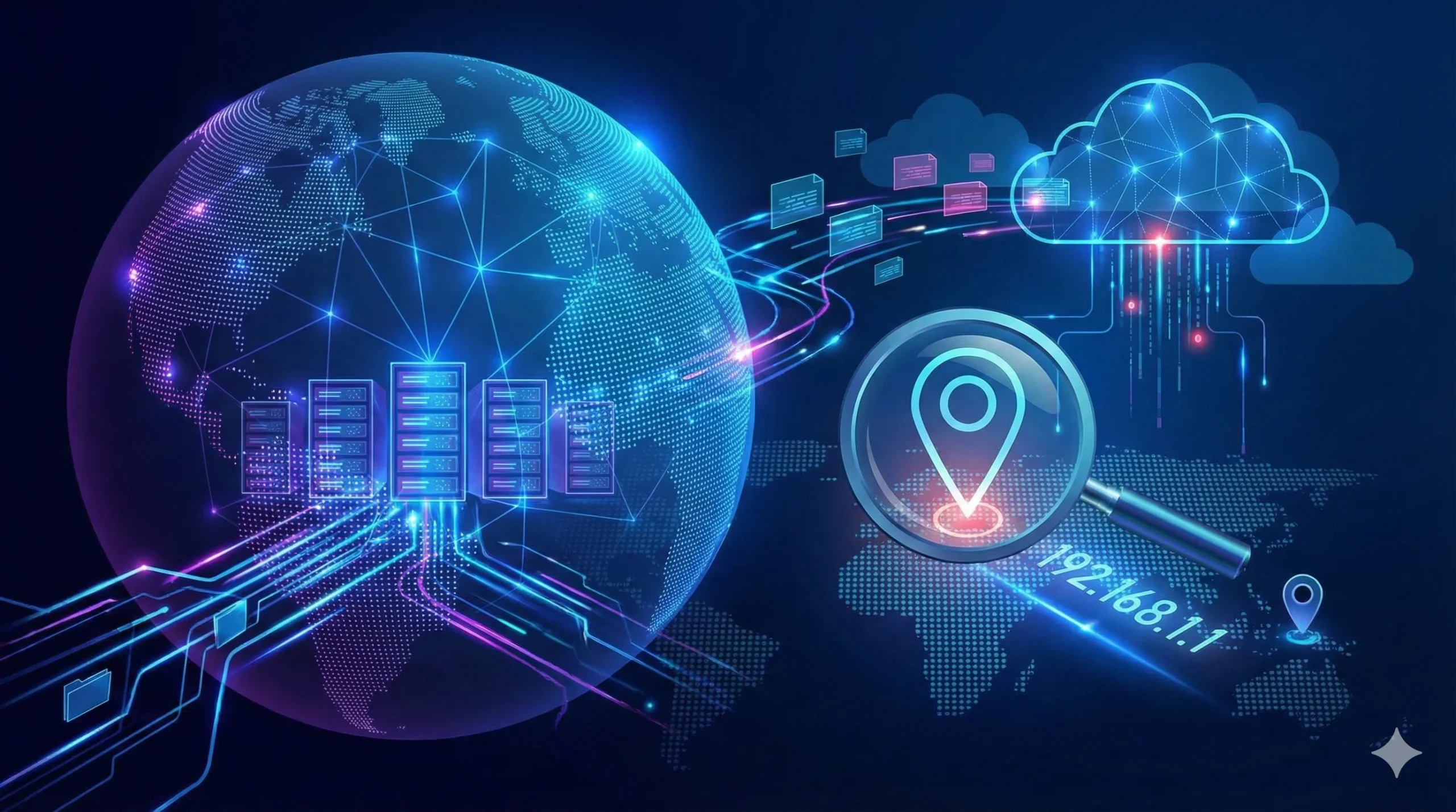 A digital illustration visualizing global data flow and the IP2 Network geolocating an IP address using a magnifying glass over a world map.
