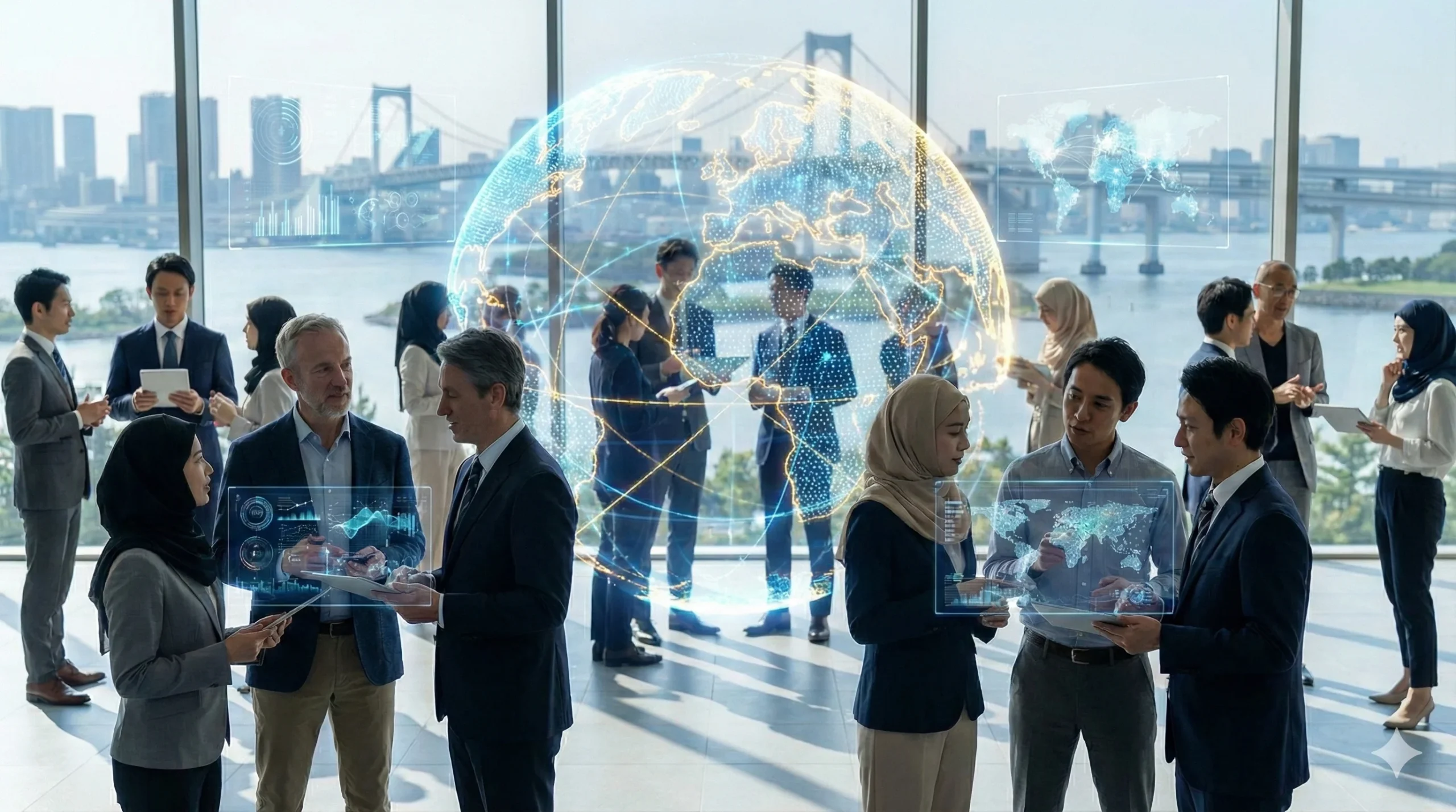 A wide-angle landscape photograph of a diverse group of international business professionals in a modern conference room, interacting with a large holographic globe and data displays, symbolizing the global reach of the kellogg innovation network.