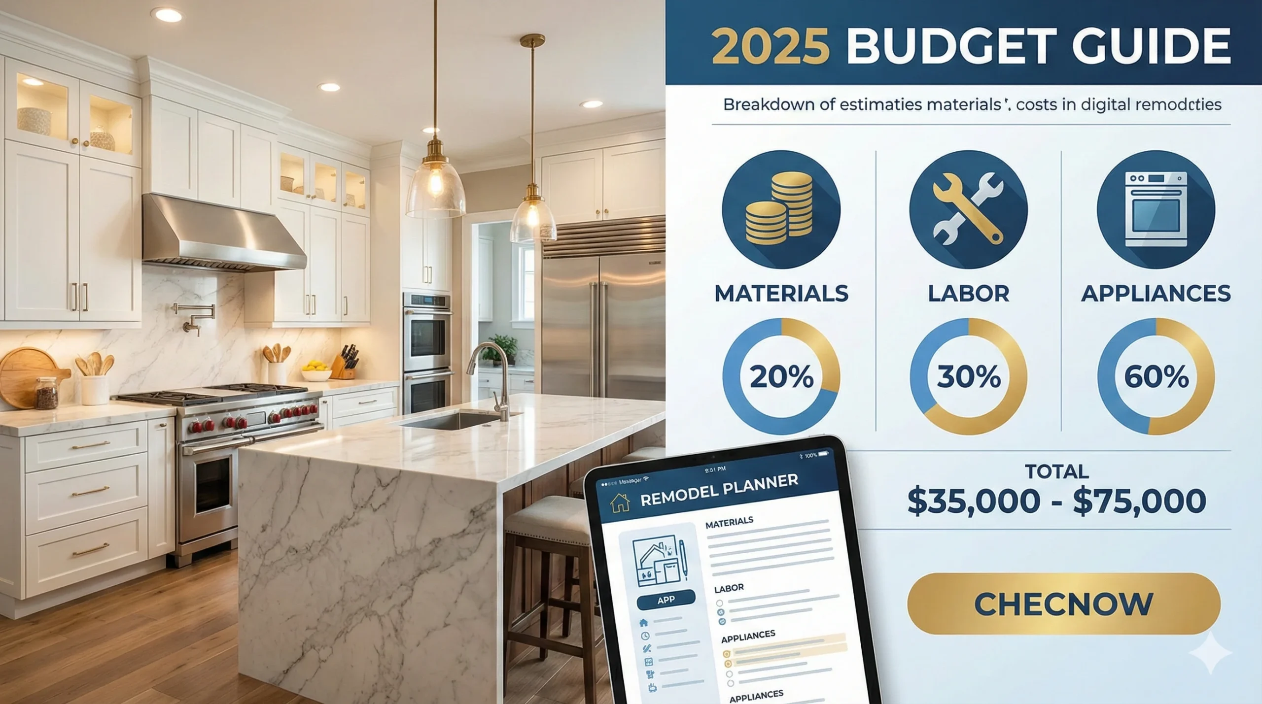 A split-panel image featuring a photograph of a luxurious modern kitchen on the left and a "2025 BUDGET GUIDE" infographic on the right, detailing the estimated breakdown of a kitchen remodel and cost with specific percentage allocations for materials, labor, and appliances.