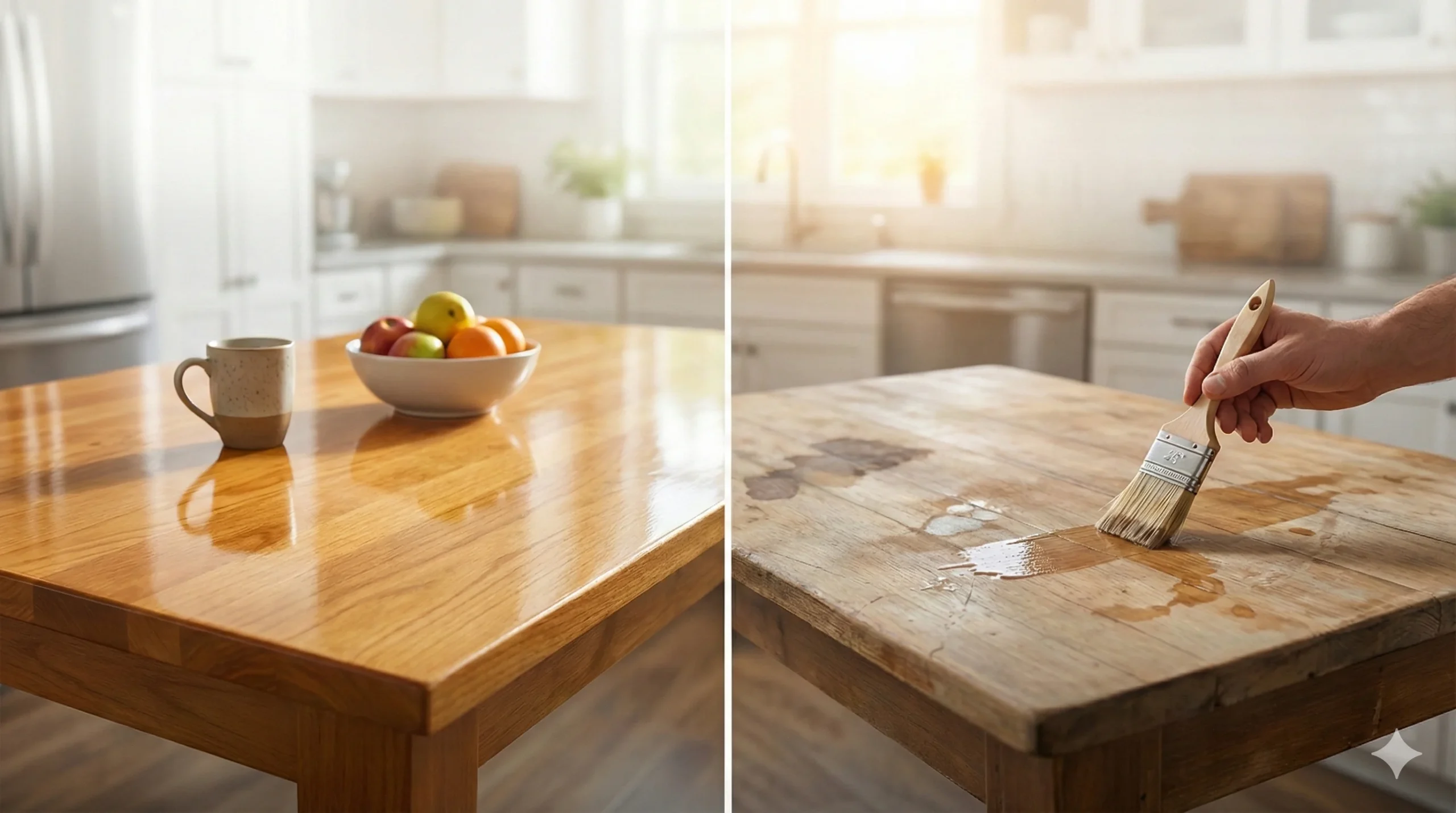 A split-screen feature image for a guide on the best kitchen table poly, comparing a protected, glossy wooden table with cans of water-based and oil-based finish on the left, versus a hand applying finish to a raw, stained surface on the right.