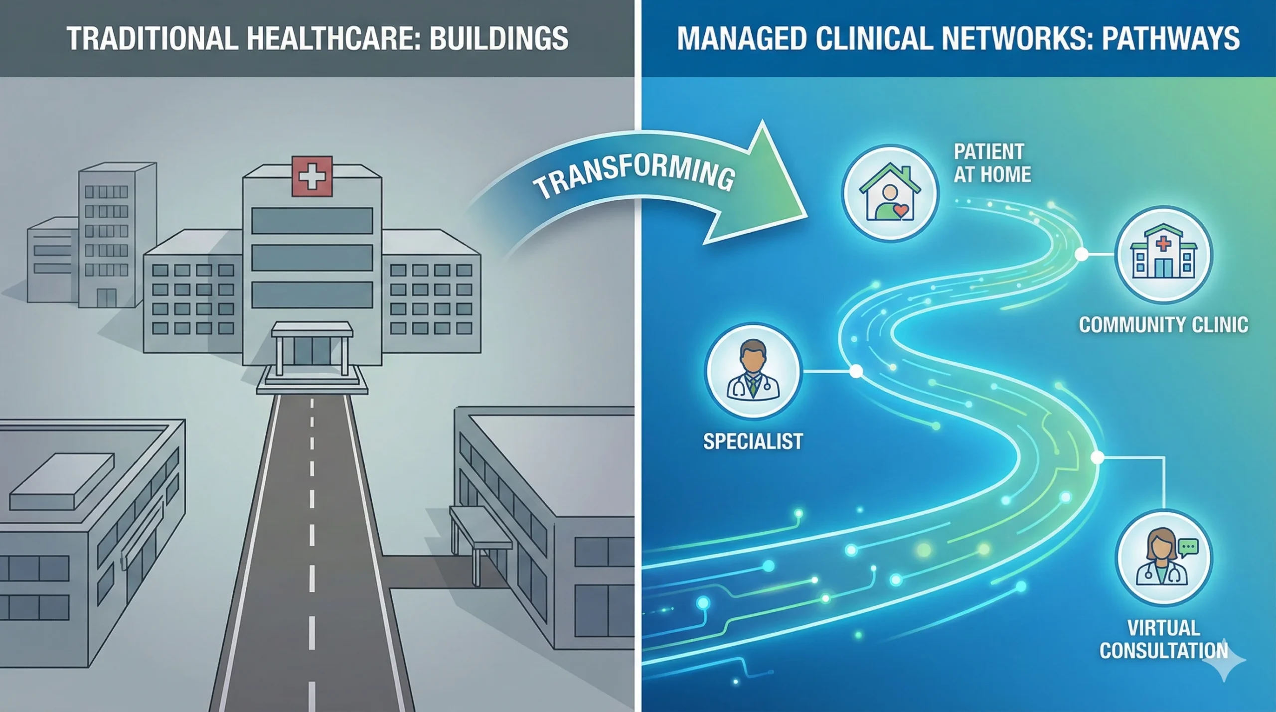 A split-screen infographic illustrating the transformation of healthcare, with "Traditional Healthcare: Buildings" on the left showing a hospital, and an arrow pointing to the right showing managed clinical networks as glowing pathways connecting a patient at home to various care providers like specialists and virtual consultations.