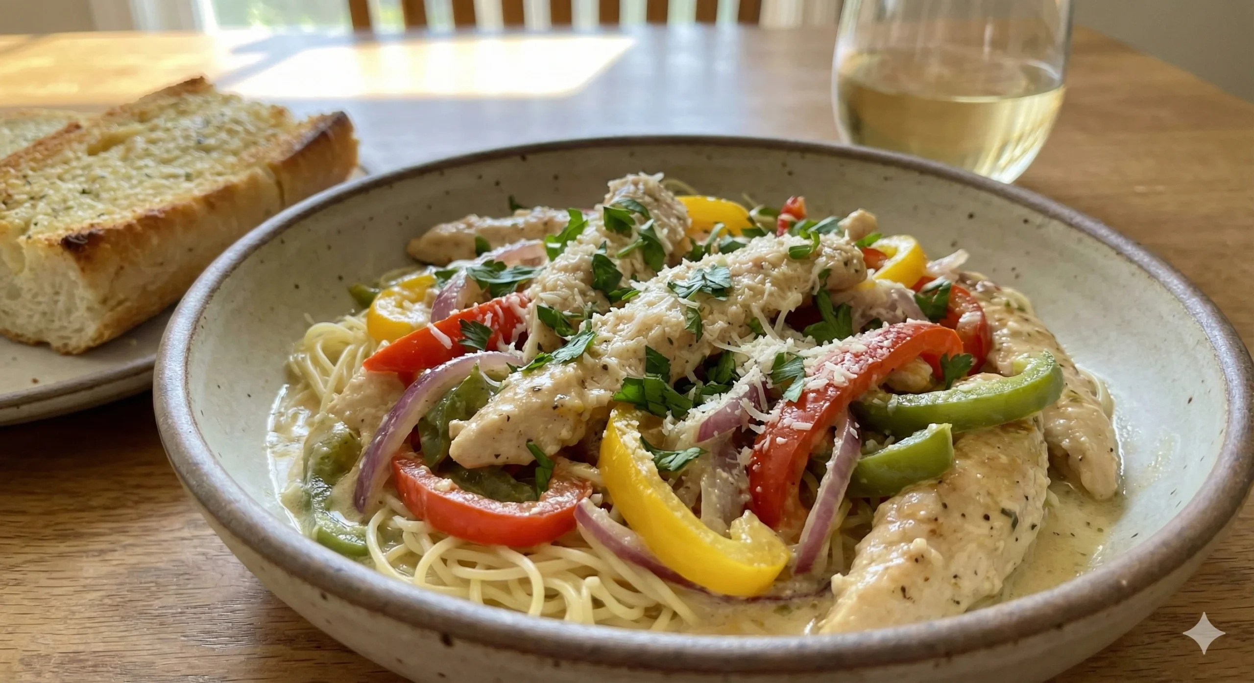 A close-up photograph of a bowl filled with homemade Olive Garden Chicken Scampi, featuring tender chicken tenders, sliced red, green, and yellow bell peppers, and red onions in a creamy sauce over angel hair pasta, garnished with fresh parsley and grated parmesan cheese.