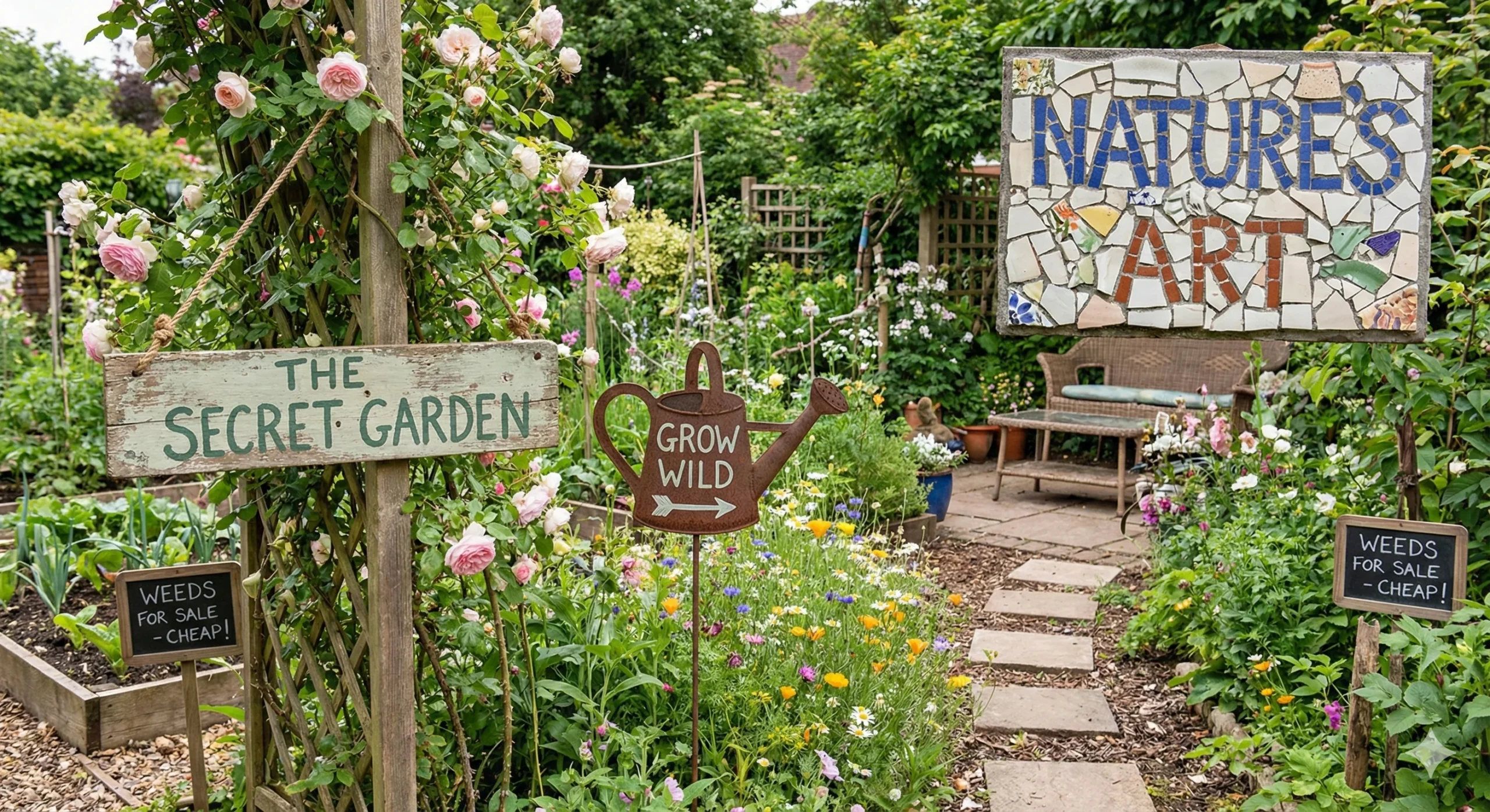 Various creative signs, including a mosaic "Nature's Art" and a wooden "The Secret Garden," decorate this lush signage garden.