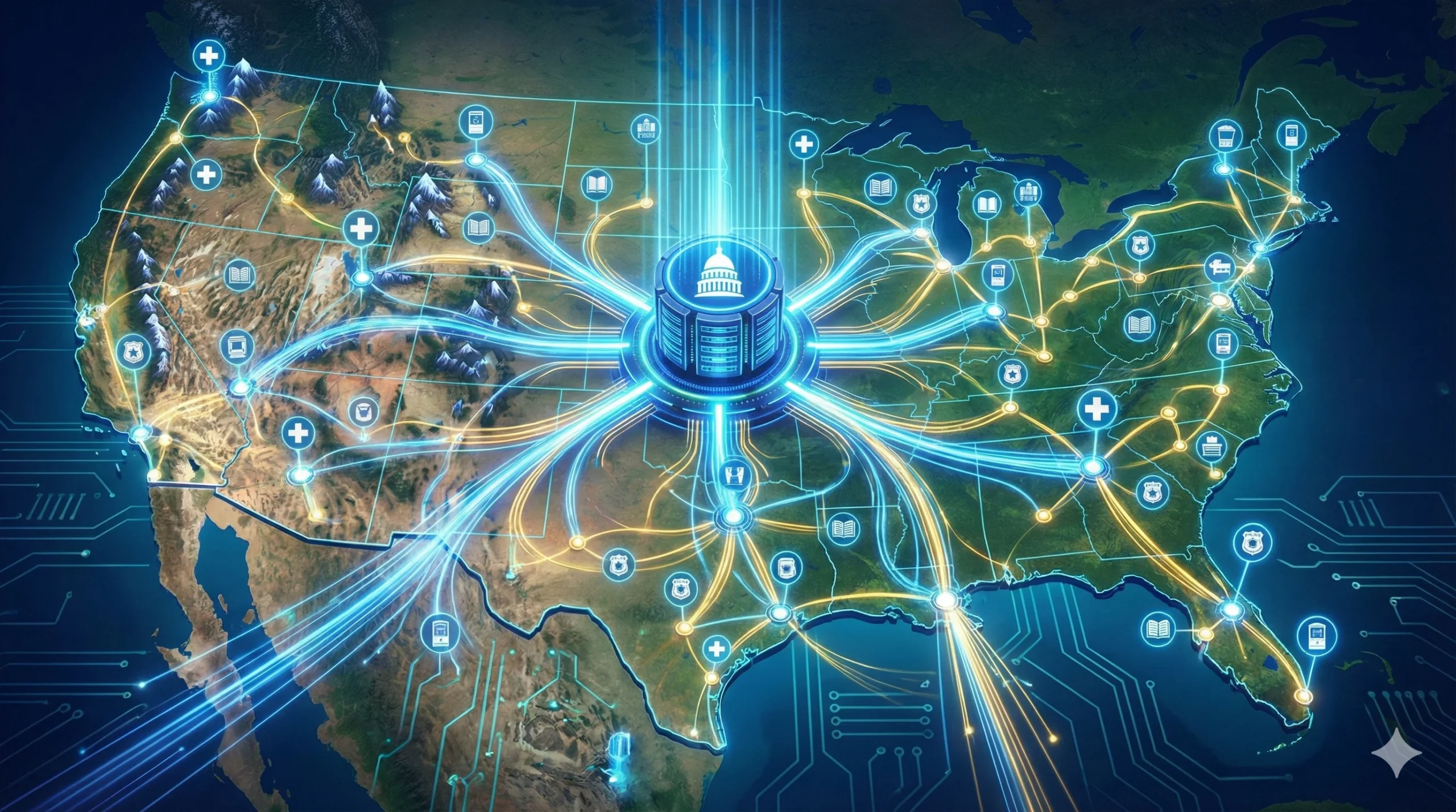A futuristic digital map illustrating a state wide area network with glowing connections radiating from a central hub to various sector icons across a geographical region.
