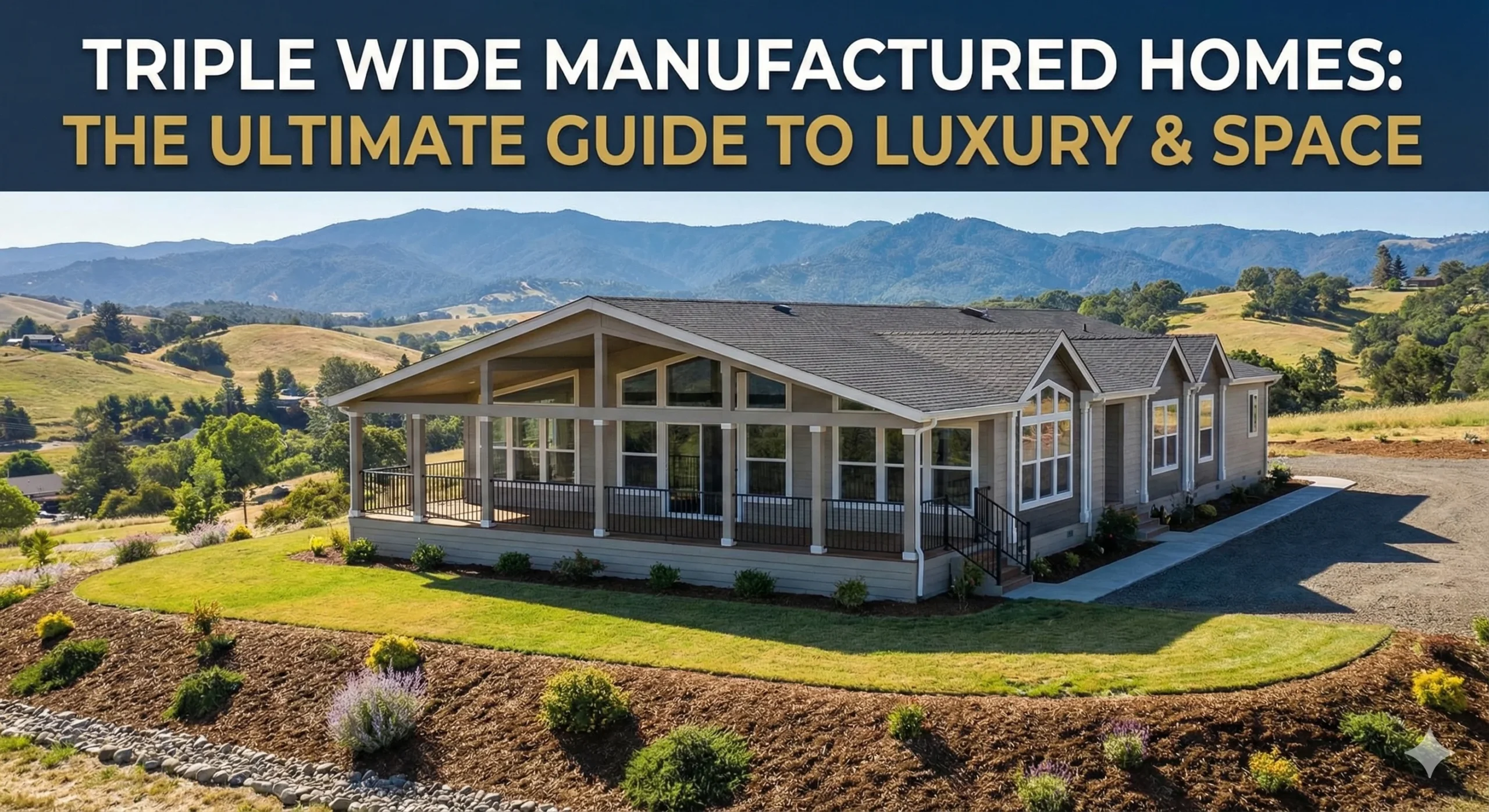 Large modern triple wide manufactured homes with a wrap-around porch and mountain views.