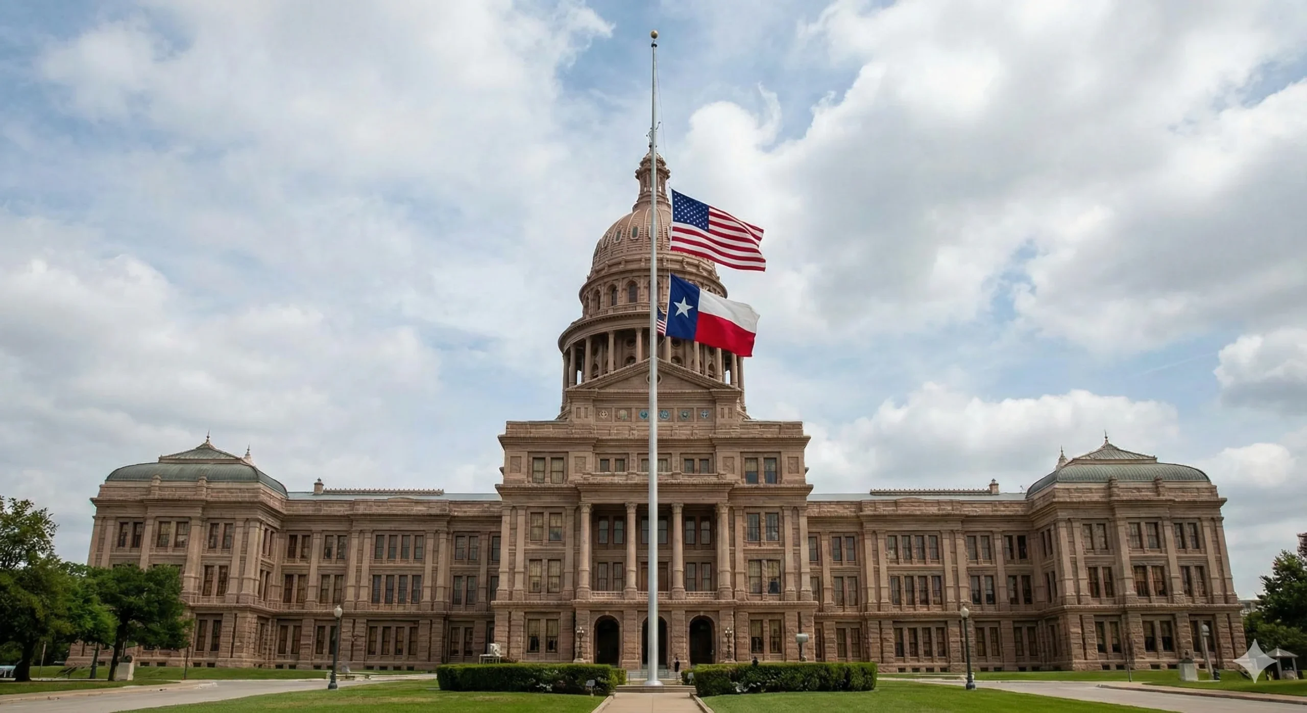 A view of the Texas State Capitol building in Austin with the United States and Texas flags flying at half-staff, illustrating the question: why are Texas flags half staff today.