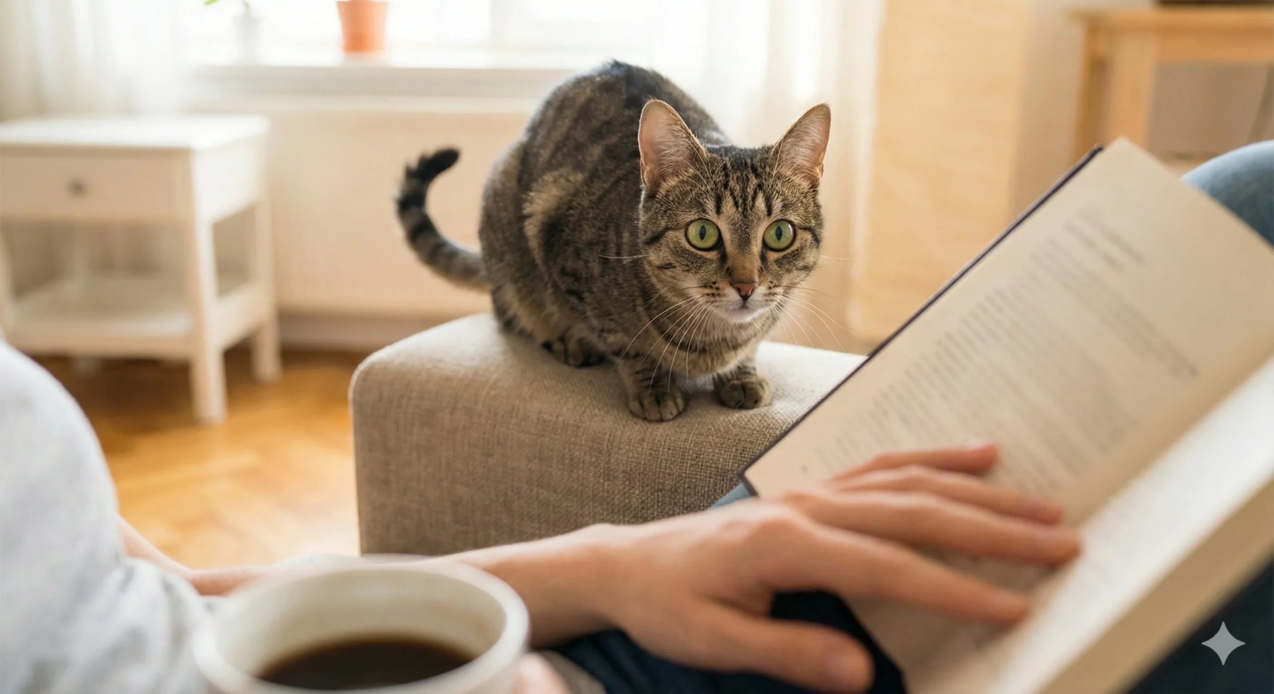 A tabby cat with wide, attentive eyes is perched on a sofa, staring intently at a person who is holding a book and a cup of coffee, illustrating the common question: why does my cat stare at me?