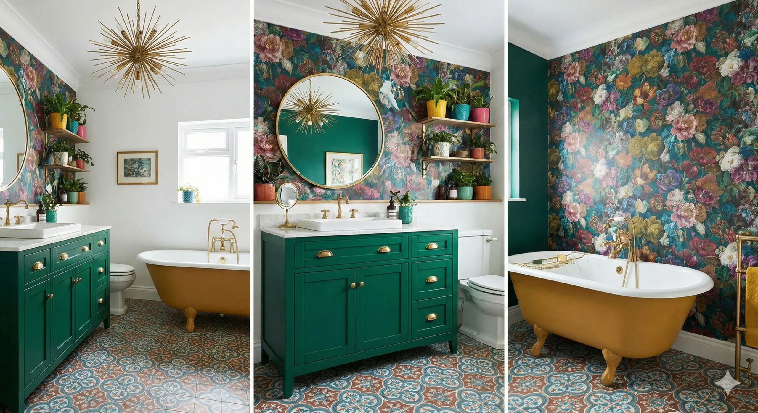 A triptych photograph showing a vibrant and eclectic bathroom with a green vanity, a freestanding orange clawfoot tub, colorful floral wallpaper, patterned floor tiles, and gold accents.
