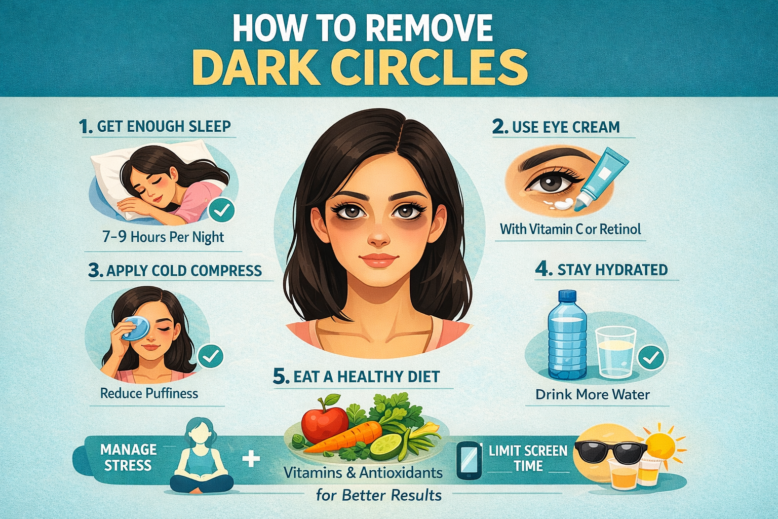 How to Remove Dark Circles: Step-by-step guide with tips on sleep, eye cream, cold compress, hydration, diet, and stress management.