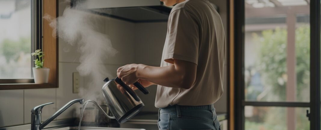 A person demonstrating how to descale a kettle using a natural white vinegar solution to remove limescale buildup.