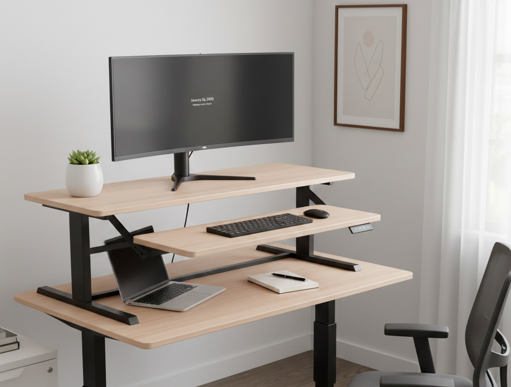A modern home office setup featuring a light wood standing desk converter with a monitor on top, answering the question what is a riser desk.