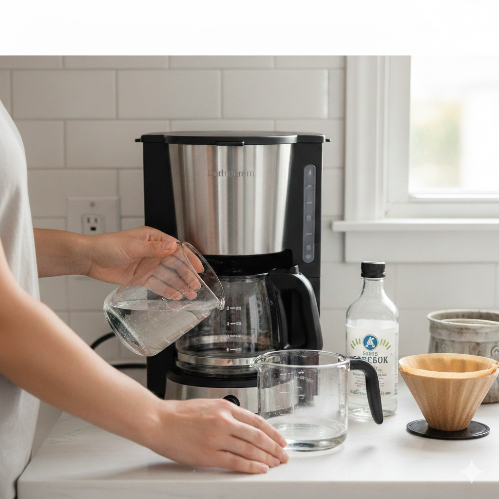 A person in a bright kitchen pouring a vinegar and water solution into a drip machine, demonstrating how to clean a coffee maker.