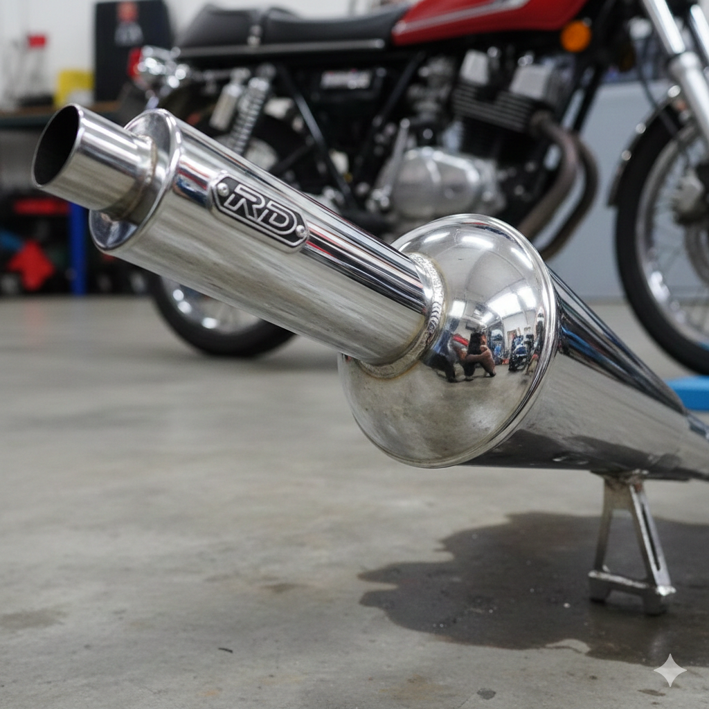 A high-performance dore escapamento rd 135 installed on a Yamaha motorcycle for maximum power gain.