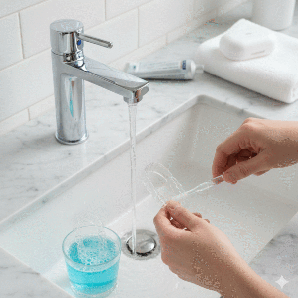 A person standing at a bathroom sink demonstrating how to clean retainers by gently brushing a clear plastic aligner with a soft toothbrush.