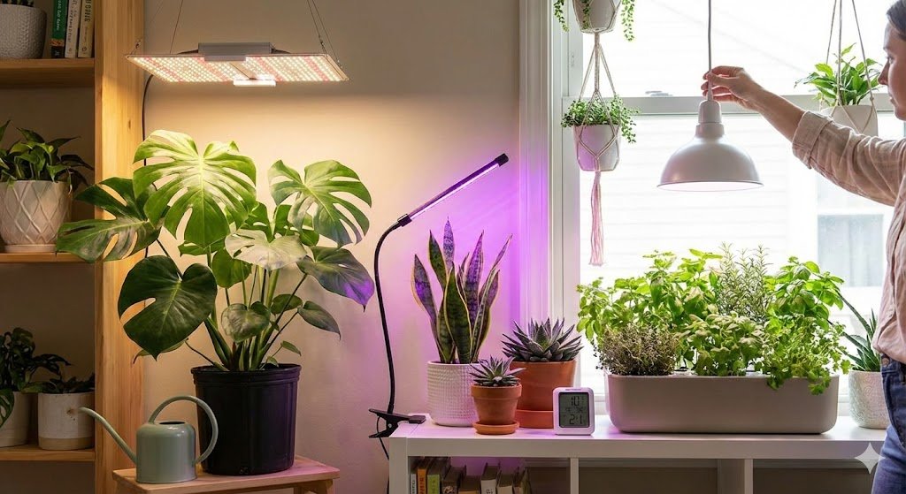 A woman adjusts a hanging white grow lamp over a planter filled with various herbs in an indoor garden setting, with a large monstera plant under a panel grow light and succulents under a purple strip light in the background.