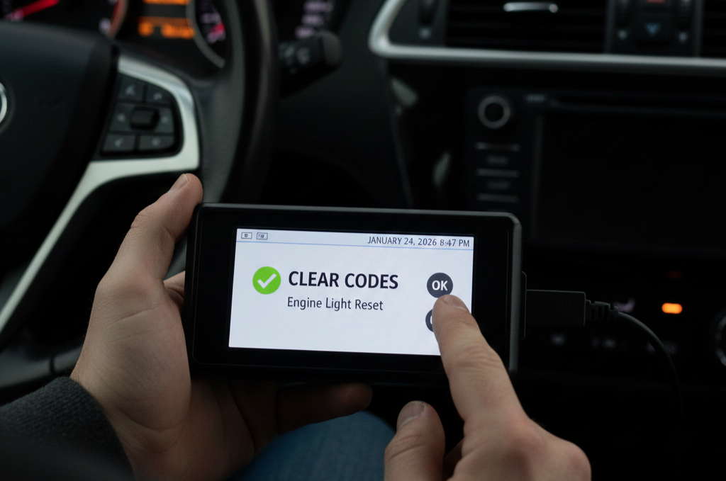 A person inside a car using an OBD-II diagnostic scanner to perform a how to reset check engine light procedure.