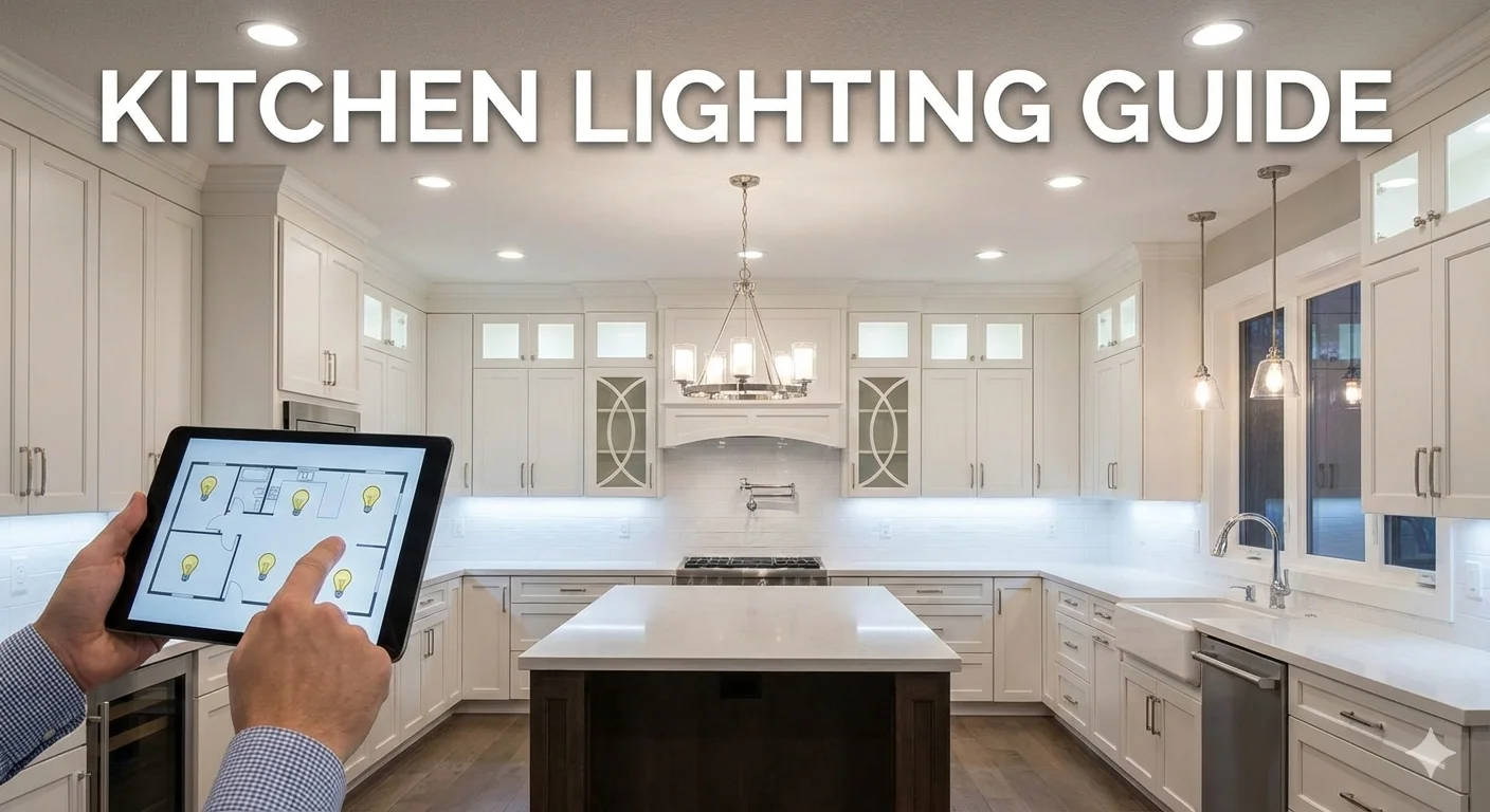 A person's hands hold a tablet displaying a kitchen floor plan with lightbulb icons, pointing to one, in front of a brightly illuminated modern white kitchen with the text "KITCHEN LIGHTING GUIDE" at the top.