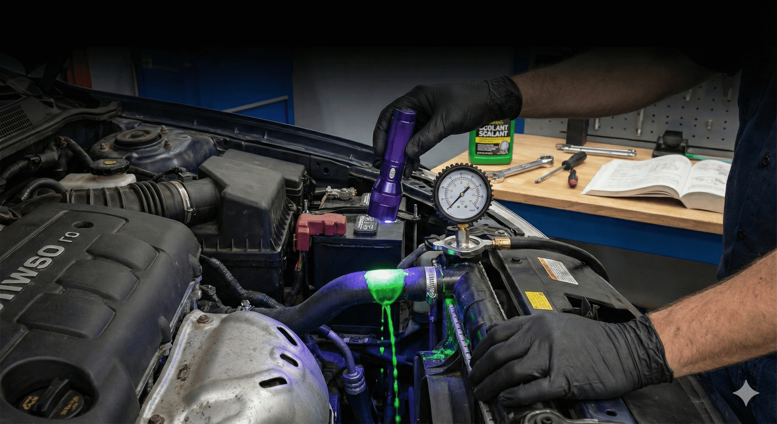 A mechanic's gloved hands use a UV flashlight to illuminate a bright green coolant leak on a car's radiator hose, while a pressure tester gauge is attached to the radiator.