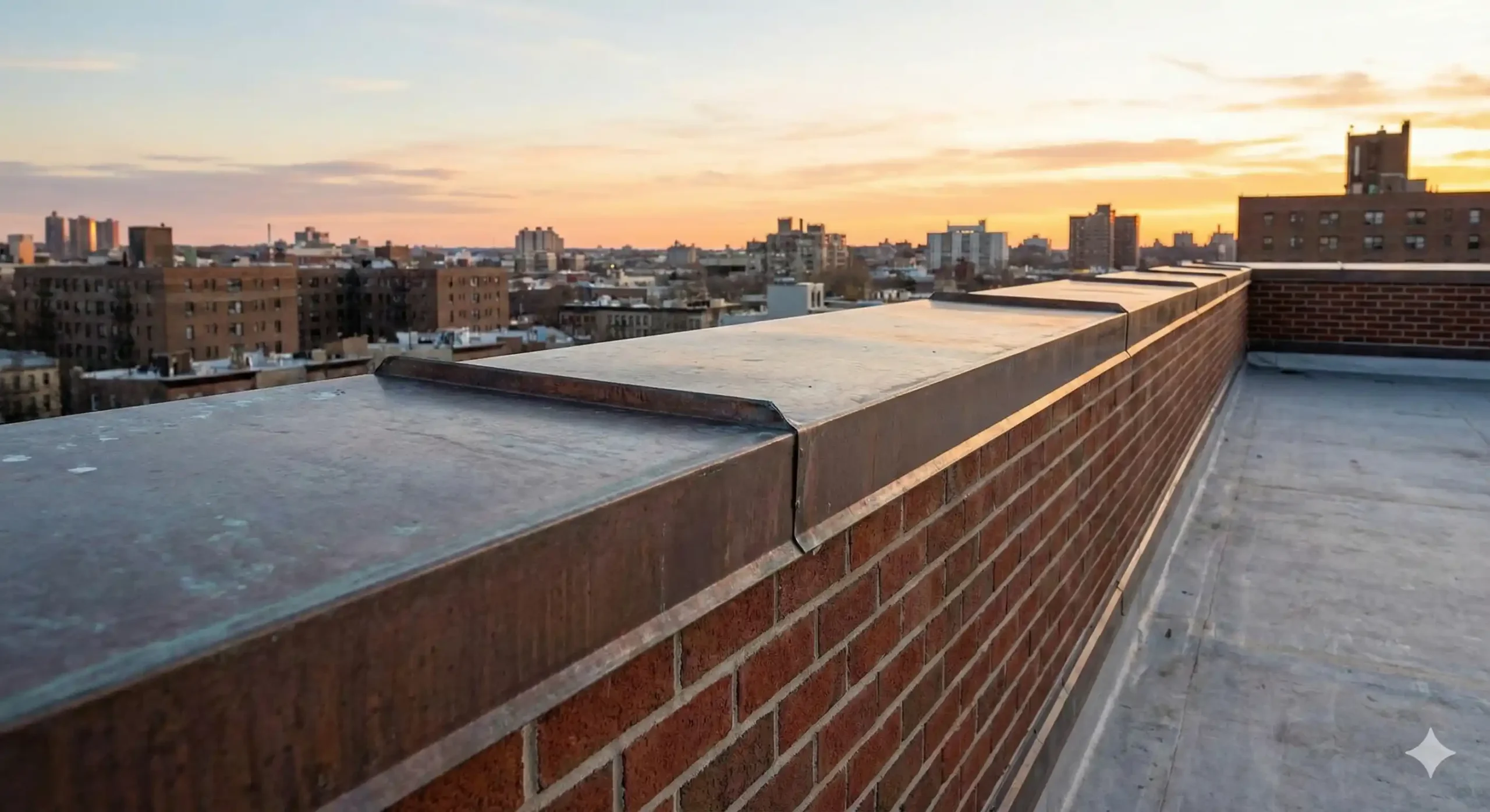 A rooftop photograph showing weathered metal Roof Coping capping a brick parapet wall against an urban sunset skyline.