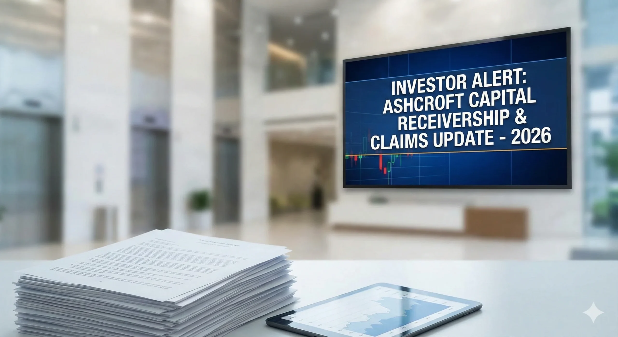 A modern office lobby with a large screen displaying an "INVESTOR ALERT" regarding the ashcroft capital lawsuit, receivership, and claims update for 2026, with a stack of documents and a tablet in the foreground.