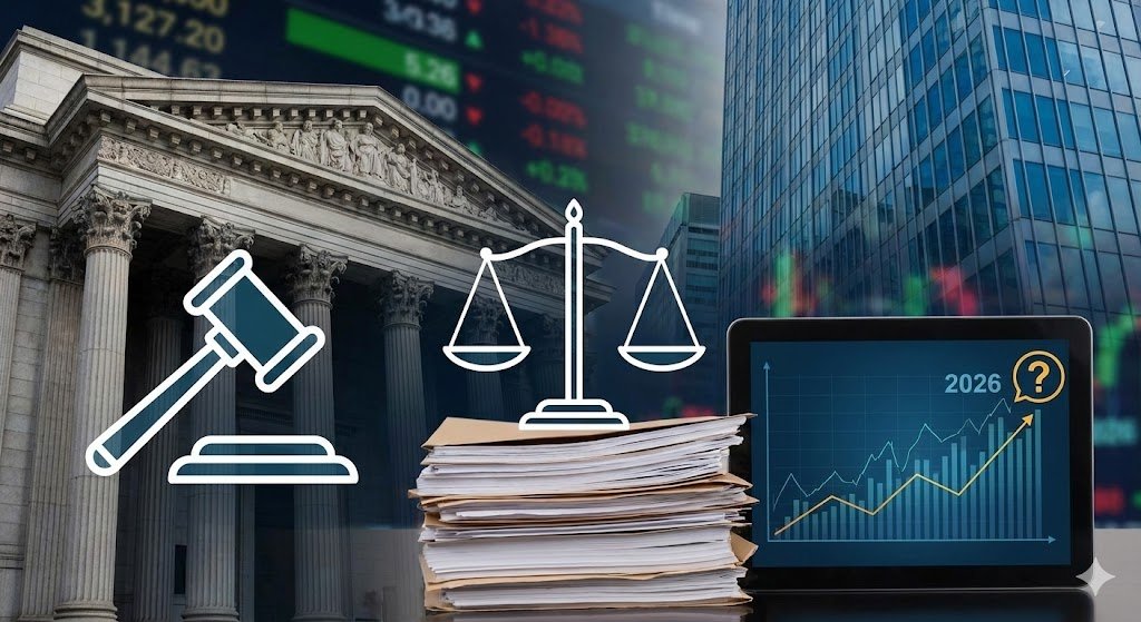 An image representing the "Ashcroft Capital lawsuit" with a gavel, a scale of justice, legal files, and a financial chart on a tablet, set against a backdrop of a courthouse and stock market data.