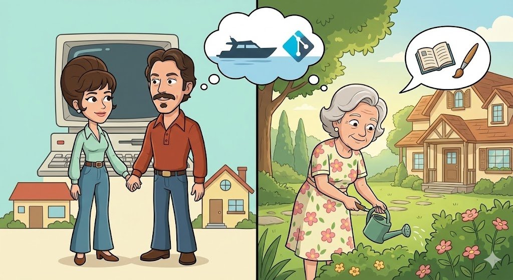 A two-panel cartoon illustration depicting barbara boothe as a young woman in the 1970s alongside Larry Ellison, and as an older woman gardening, illustrating the different stages of her life.