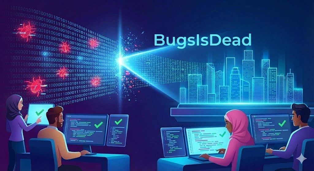 A digital illustration of a high-tech office with four software developers working at computers, with a large glowing banner above them that reads "BugsIsDead" and red bugs being zapped by a light beam.