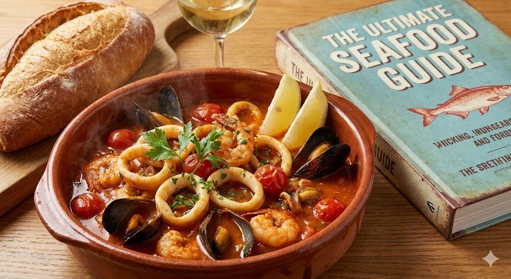 A steaming clay bowl filled with a rich calamariere seafood stew, featuring calamari rings, mussels, and shrimp in a tomato sauce, accompanied by crusty bread and a seafood guide book.