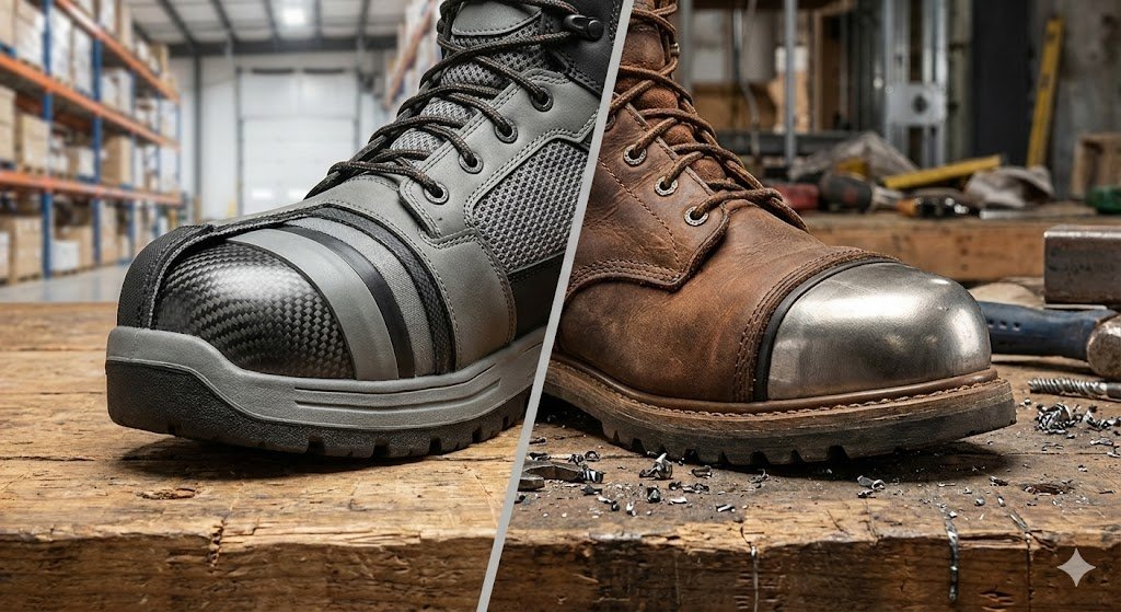 A split-screen photograph comparing a grey work boot with a exposed carbon fiber composite toe cap on the left and a brown leather work boot with an exposed steel toe cap on the right, illustrating the visual difference between composite toe vs steel toe safety footwear.