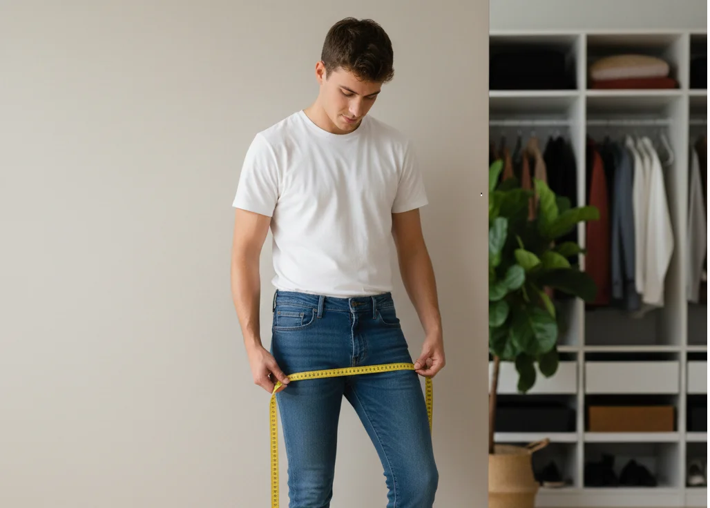 A young man standing in a bright room demonstrating how to measure inseam by holding a yellow measuring tape from his crotch down to his ankle.
