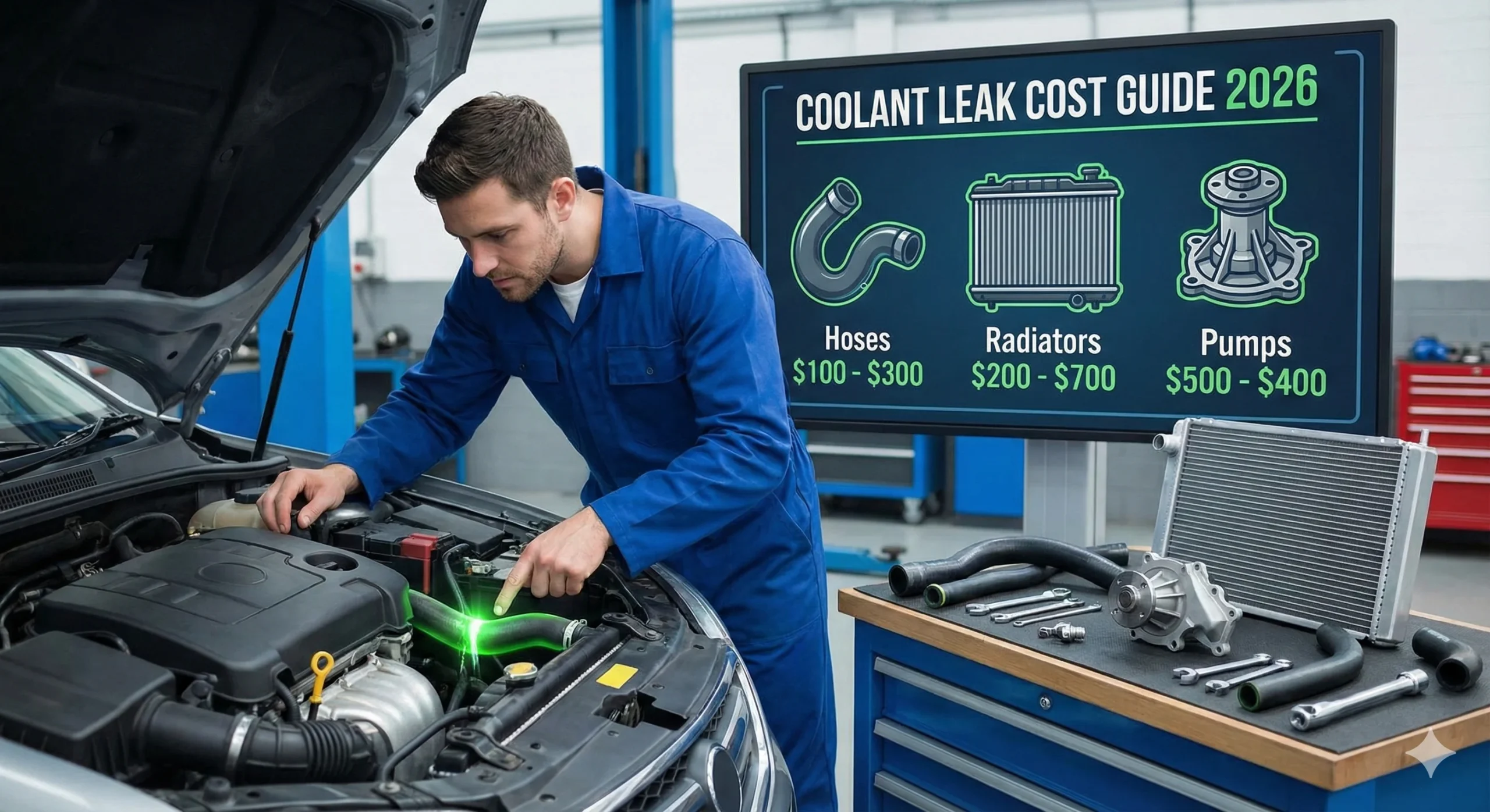 A mechanic inspects a car engine with a glowing coolant leak, while a screen in the background displays a "Coolant Leak Cost Guide 2026" with prices for hoses, radiators, and pumps, illustrating the coolant leak cost to fix.