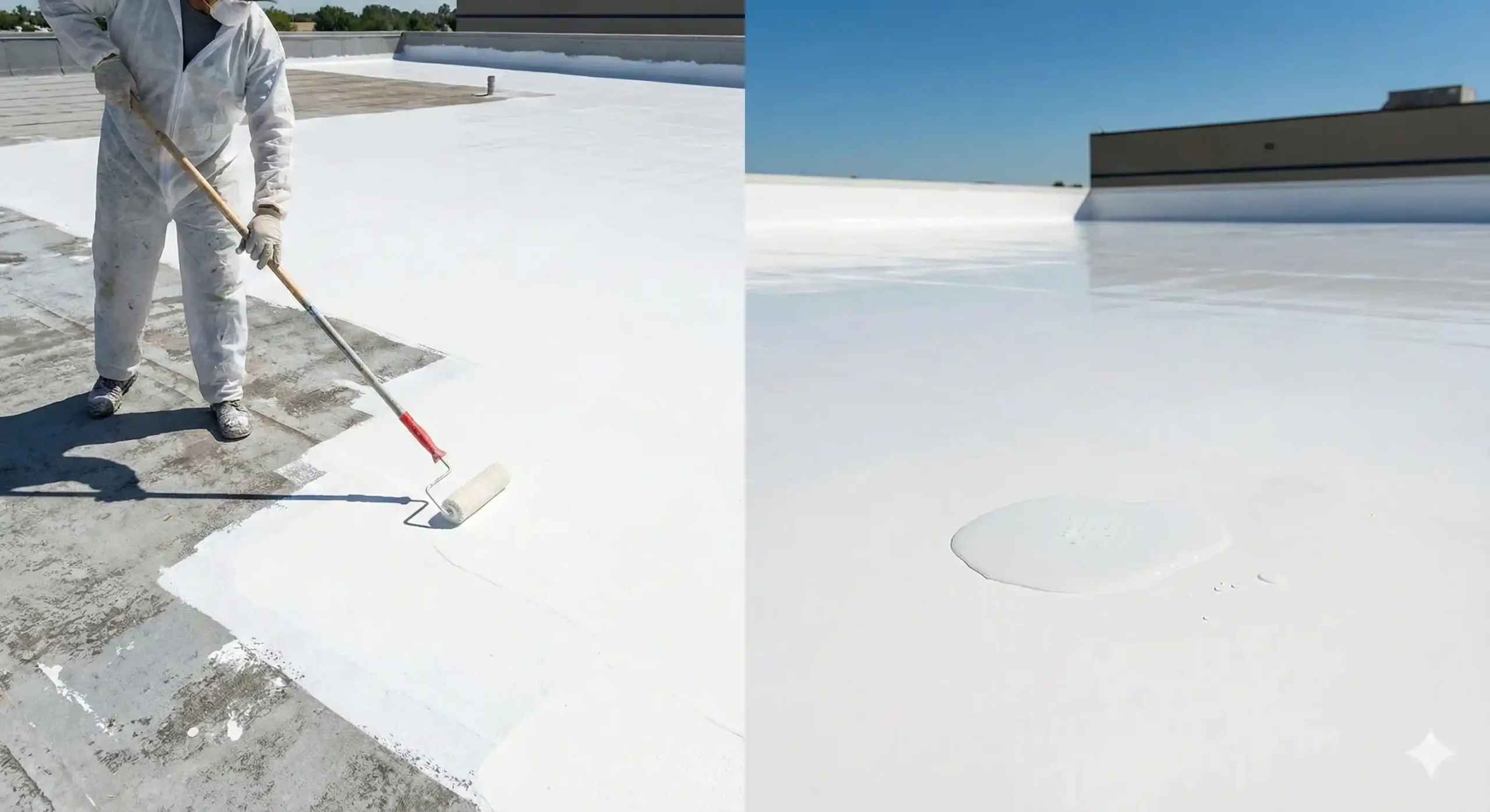 A split photograph showing a worker applying a liquid white elastomeric roof coating with a roller on the left panel, and a finished, cured white elastomeric roof coating surface with pooled water on the right panel.