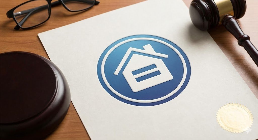 A legal document on a wooden desk featuring the blue and white equal housing opportunity logo next to a gavel and glasses.
