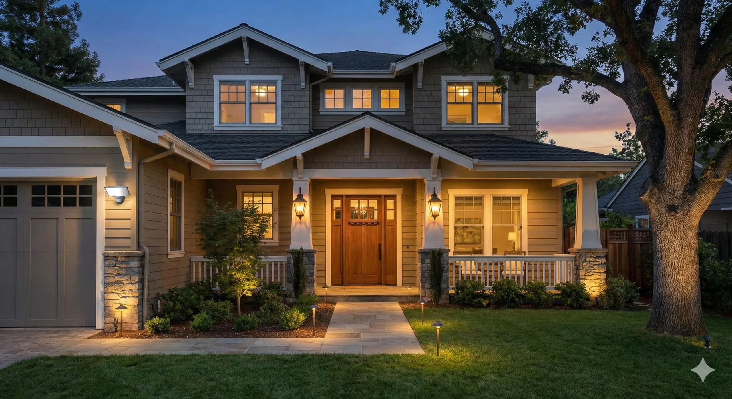A two-story craftsman-style house at twilight, showcasing various warm-lit exterior house lamps, including wall lanterns by the front door, path lights along the walkway, a floodlight over the garage, and landscape uplighting on trees.