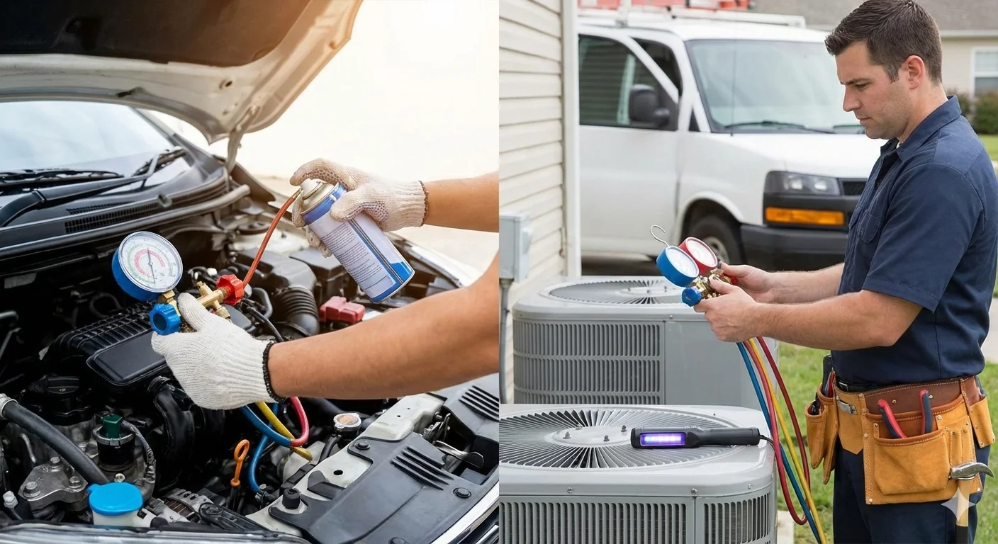 A split-screen image showing a person using a recharge kit on a car's AC system and an HVAC technician inspecting a home AC unit with gauges and a UV light, illustrating different methods to fix leak in ac system.