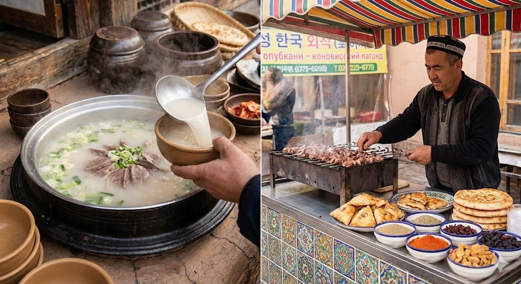 A diptych photograph showing a large pot of Korean gommeok bone broth soup being ladled into a bowl on the left, and an Uzbek street food vendor grilling shashlik and selling savory pastries from a stall on the right.