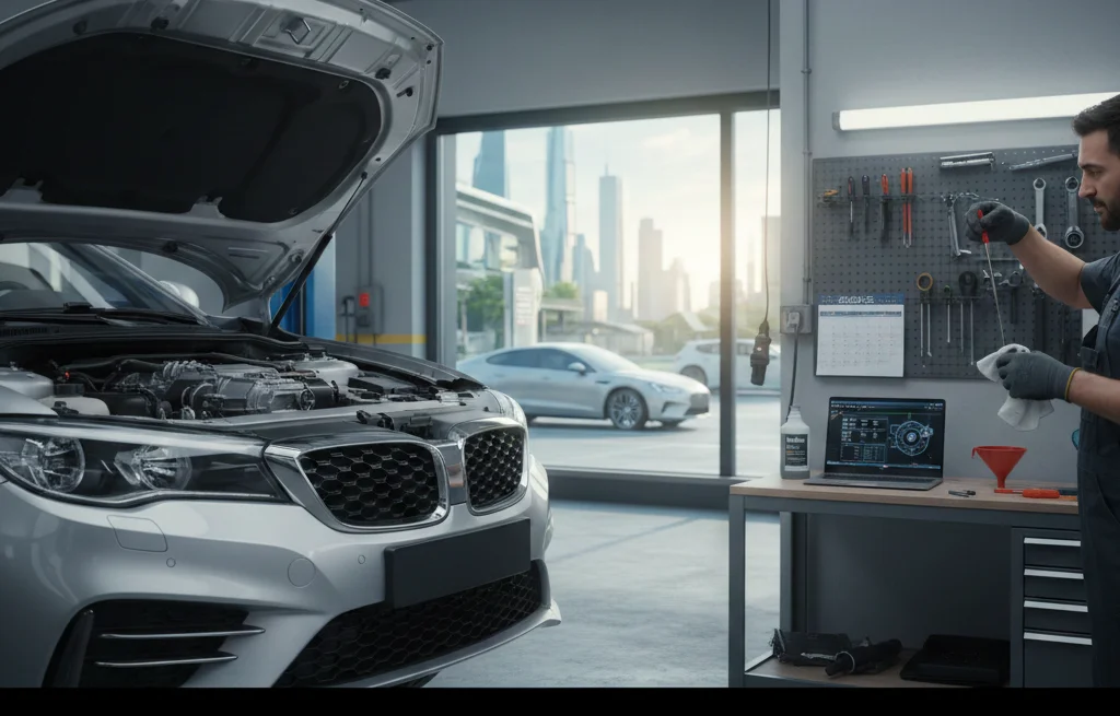 A mechanic in a modern garage demonstrating how to check transmission fluid using a dipstick while a silver car sits with its hood open.