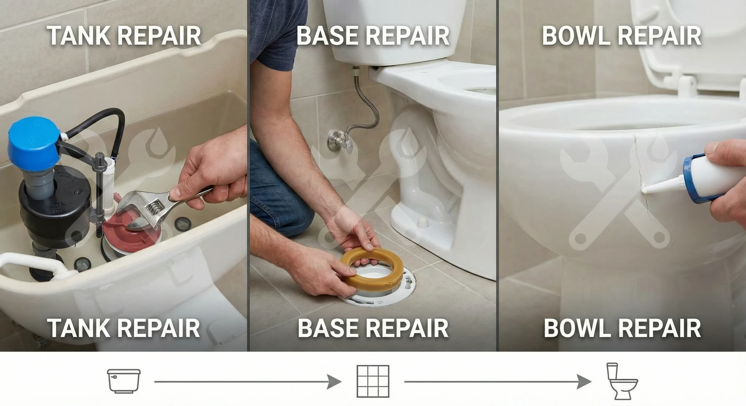 A three-panel infographic guide illustrating how to fix a leaking toilet, with separate sections showing a tank repair with a wrench, a base repair with a new wax ring, and a bowl repair using sealant.