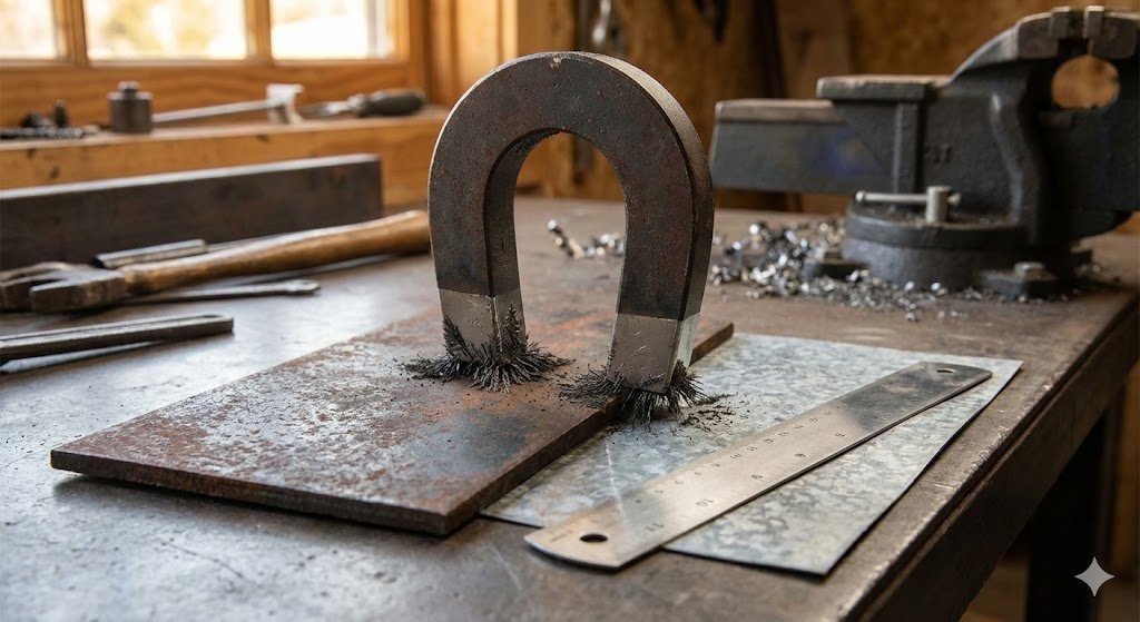 A horseshoe magnet with iron filings clinging to its poles is placed on a piece of rusted steel on a workbench, while a stainless steel ruler lies nearby, visually answering the question, "is steel magnetic."