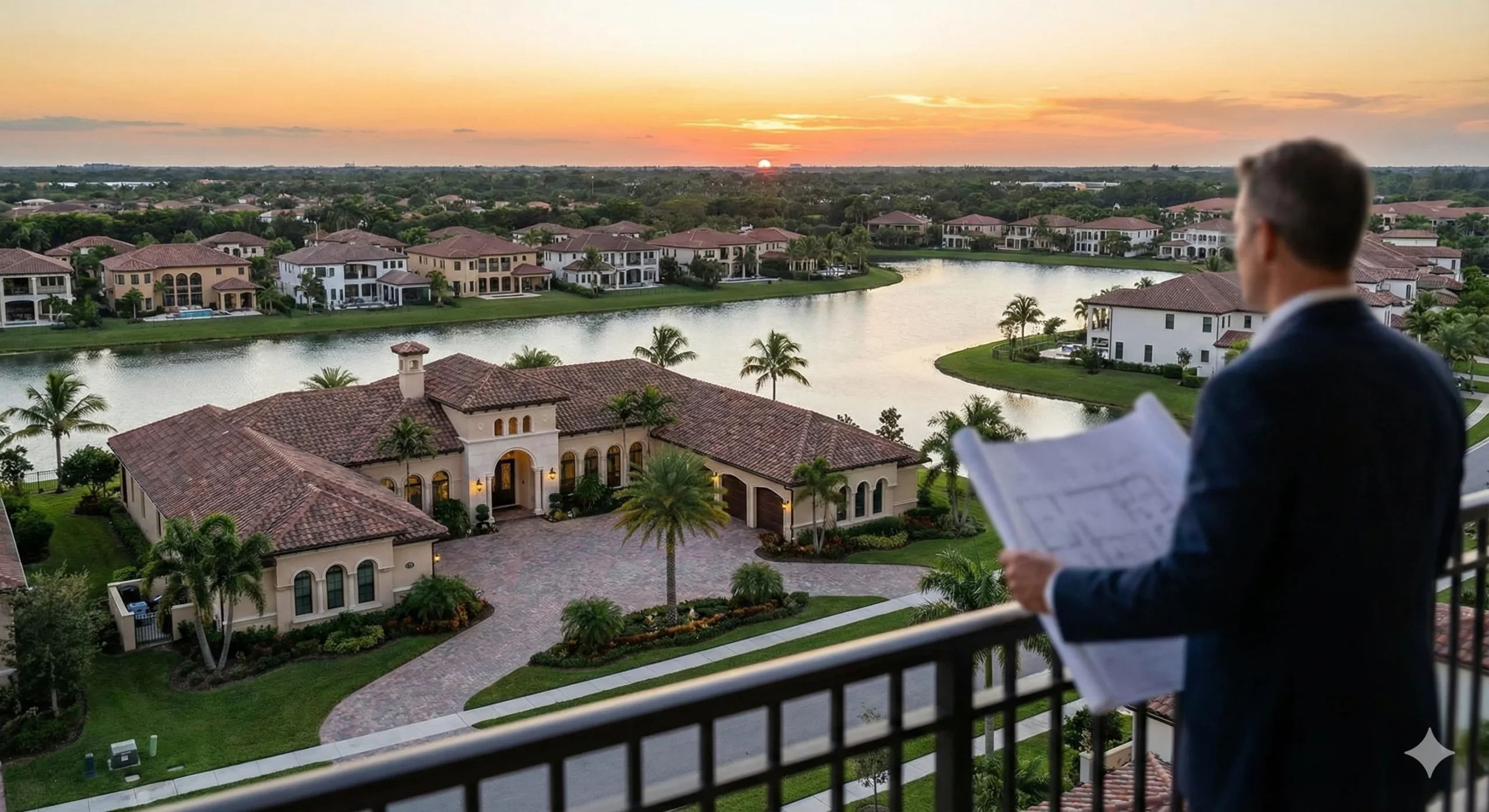 A man in a suit, likely a developer, holds blueprints on a balcony overlooking a luxury lakefront real estate development at sunset, representing the business that drives misha ezratti net worth