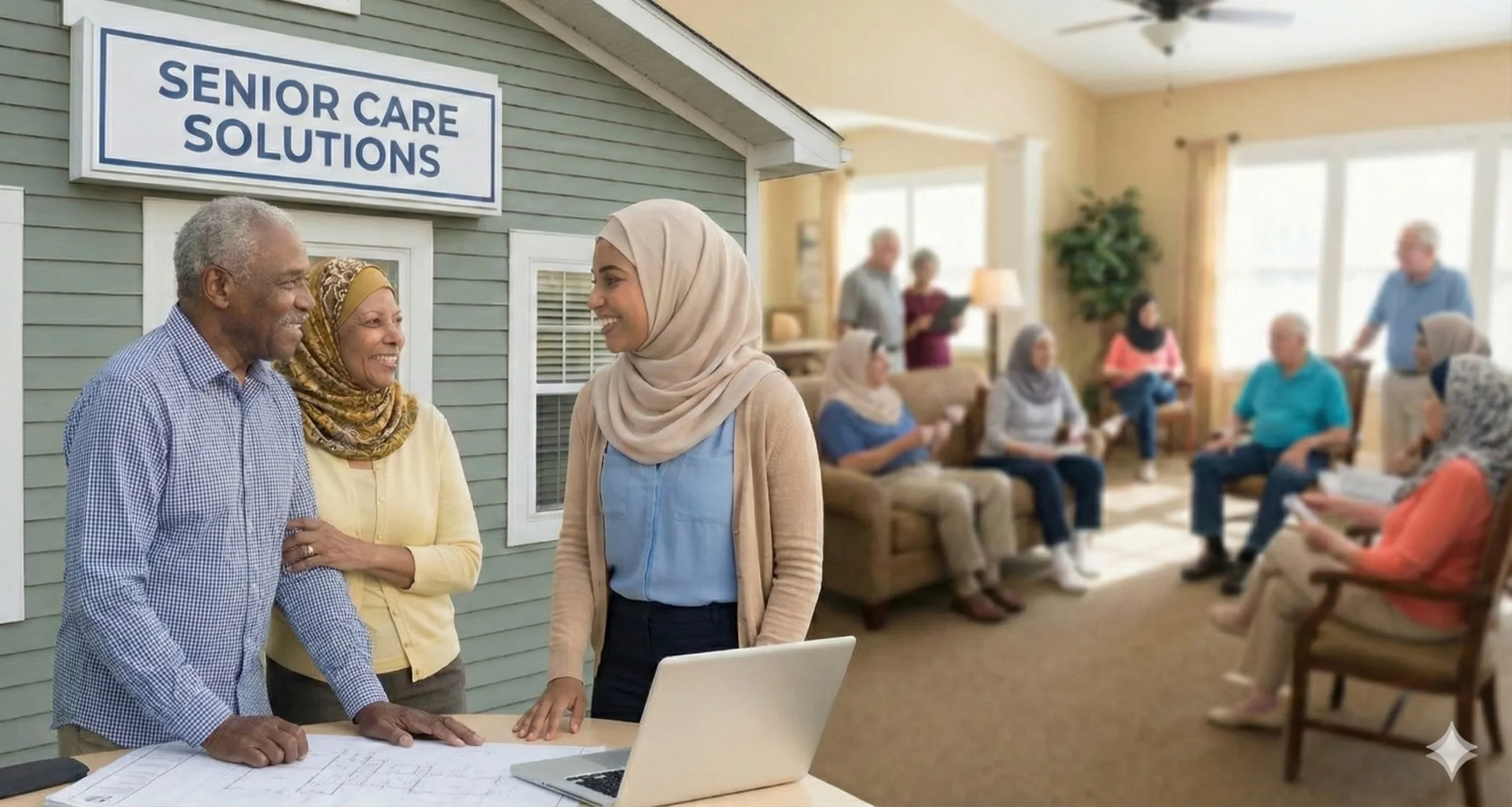 An older couple and a younger woman in a hijab discuss blueprints at a desk with a laptop under a "Senior Care Solutions" sign, illustrating the planning stages to own a senior business.